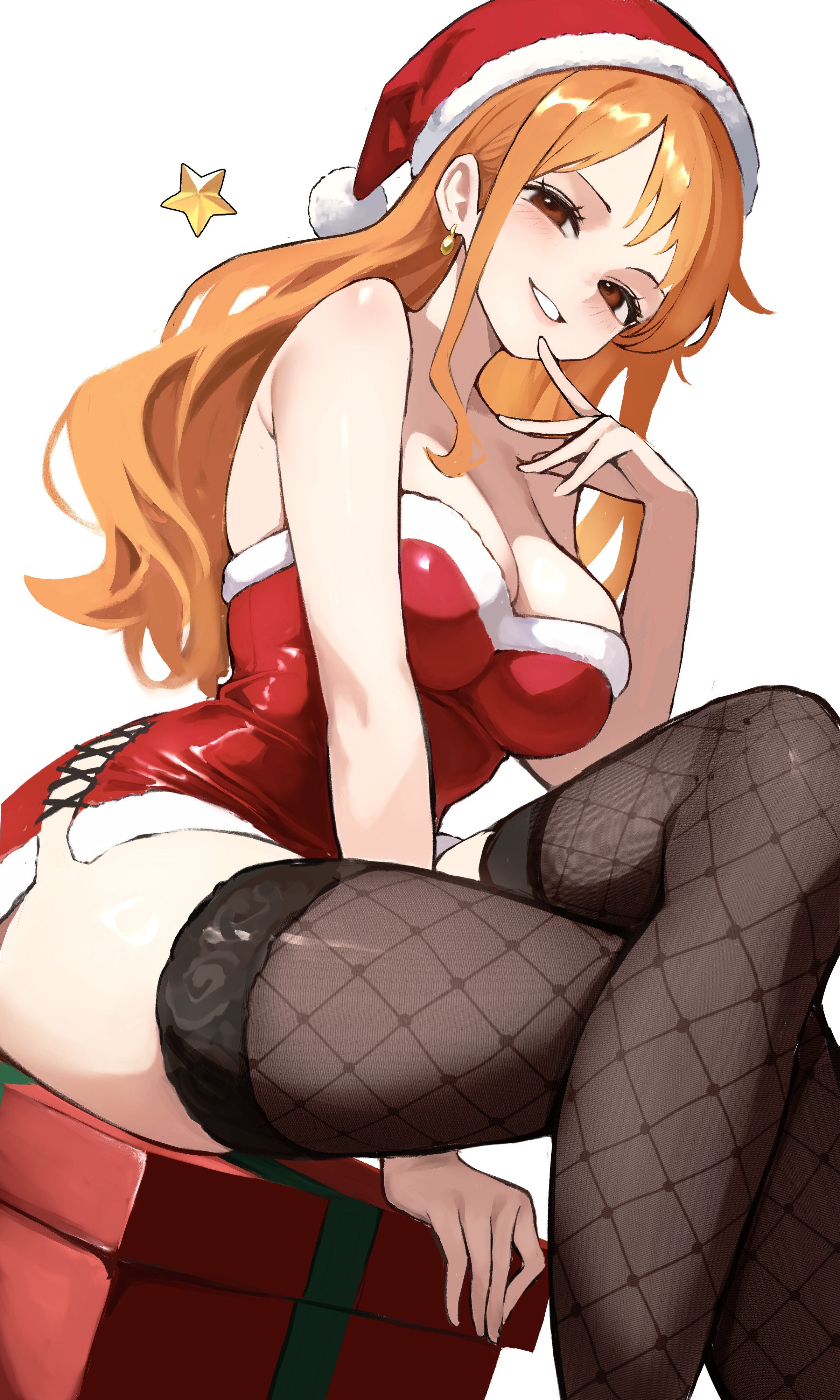 1girls, absurdres, arm between legs, bare shoulders, black thighhighs, blush, box, breasts, brown eyes, christmas, christmas present, cleavage, clothing, cross-laced clothes, cross-laced dress, crossed legs, dress, earrings, feet out of frame, female, female only, fishnet thighhighs, fishnets, fur trim, fur-trimmed dress, fur-trimmed headwear, gift, gift box, hair behind ear, hat, highres, jewelry, kasumi 6, kasumi6, lace, lace trim, lace-trimmed thighhighs, large breasts, long hair, looking at viewer, nami (one piece), one piece, orange hair, orange-haired female, parted lips, red dress, red hat, santa costume, santa hat, shiny clothes, short dress, single sidelock, sitting, solo, star (symbol), strapless, strapless dress, thighhighs, thighs, wavy hair