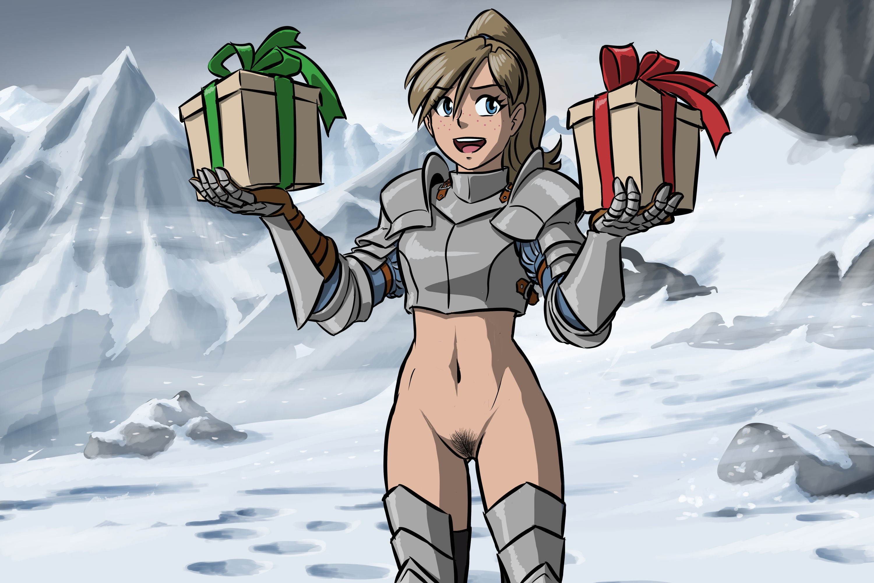 1girls, angela (doodlepoodle), angela hawthorne, armor, armored female, armored gloves, belly, blonde female, blonde hair, blue eyes, bottomless, bottomless female, breastplate, casual bottomless, casual exposure, casual nudity, christmas, christmas present, doodlepoodle, dungeons and dragons, female, female knight, female only, fit, fit female, freckles, freckles on face, functionally nude, functionally nude female, gauntlets, gorget, greaves, high ponytail, knight, no panties, pauldrons, ponytail, presents, pubic hair, pussy, smile, snow, solo, tagme, tales from the tables, thigh gap, thighhighs, thighs, winter