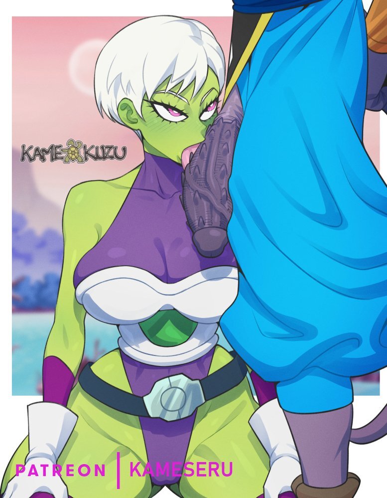 anime, beerus, cheelai, dragon ball, female, kameseru, kneeling, licking, licking penis, on knees, partial male, suggestive, tagme, thicc, thick ass, thick thighs
