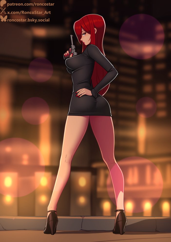 1girls, ass, big breasts, black dress, breasts, brown eyes, deilan12, dress, female, female only, footwear, full body, gun, hair, hand on hip, heels, high heels, holding gun, holding object, holding weapon, legs, lips, long hair, long sleeves, looking back, minidress, nail polish, nails, painted fingernails, painted nails, parasoul, red hair, red nail polish, red nails, short dress, skullgirls, solo, solo female, thighs, tight clothing, tight dress, weapon