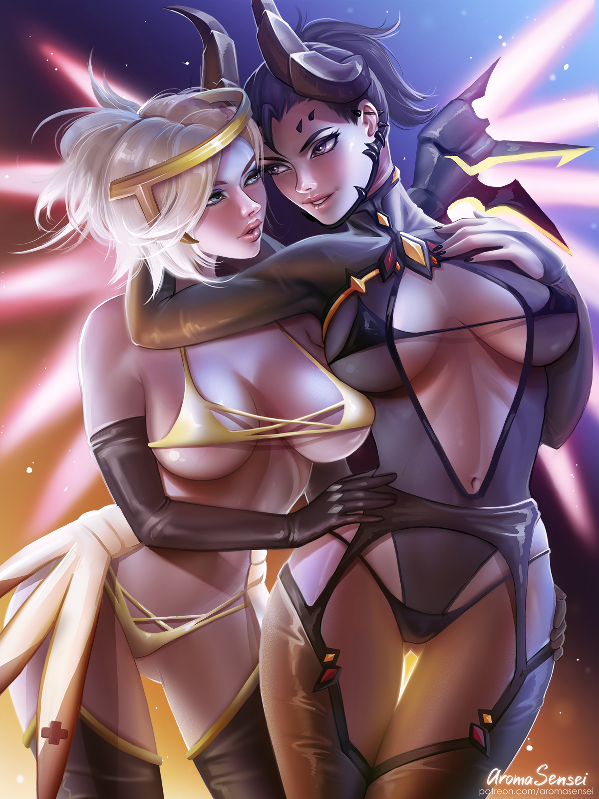 2d, 2girls, alternate costume, aroma sensei, big breasts, bra, breasts, cleavage, devil mercy, female, female only, large breasts, mercy, overwatch, panties, thighhighs