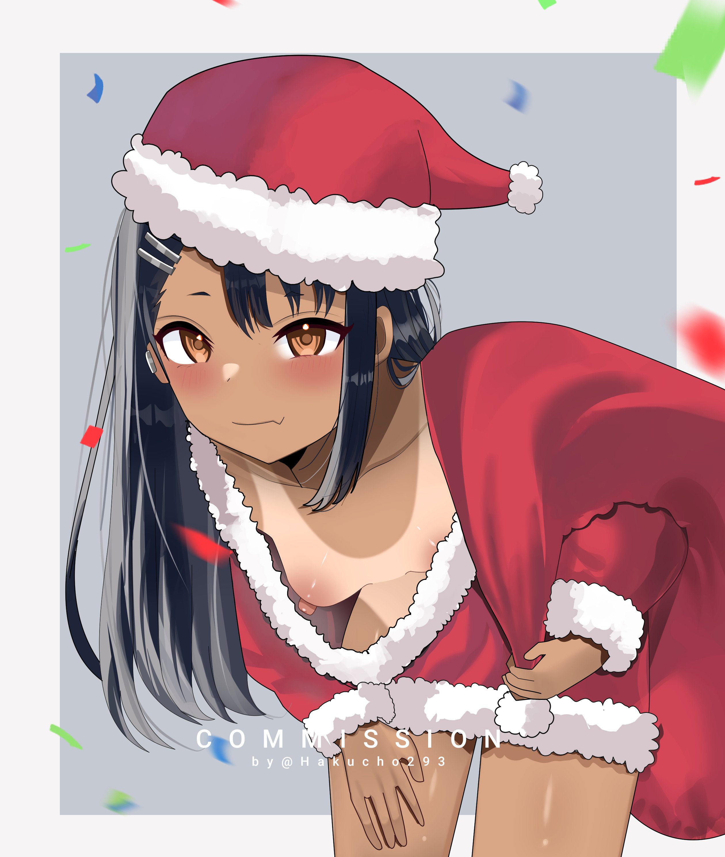 1female, 1girls, artist name, black hair, blush, blushing at viewer, breasts, brown eyes, christmas, christmas bag, christmas clothing, christmas outfit, color, colored, commission, female, gyaru, hakucho293, hayase nagatoro, hi res, high quality, high resolution, highres, long hair, looking at viewer, no bra, oerba yun fang, pink nipples, please don't bully me, nagatoro, pov, shaded, simple background, small breasts, staring at viewer, tan body, tan skin, two-tone body