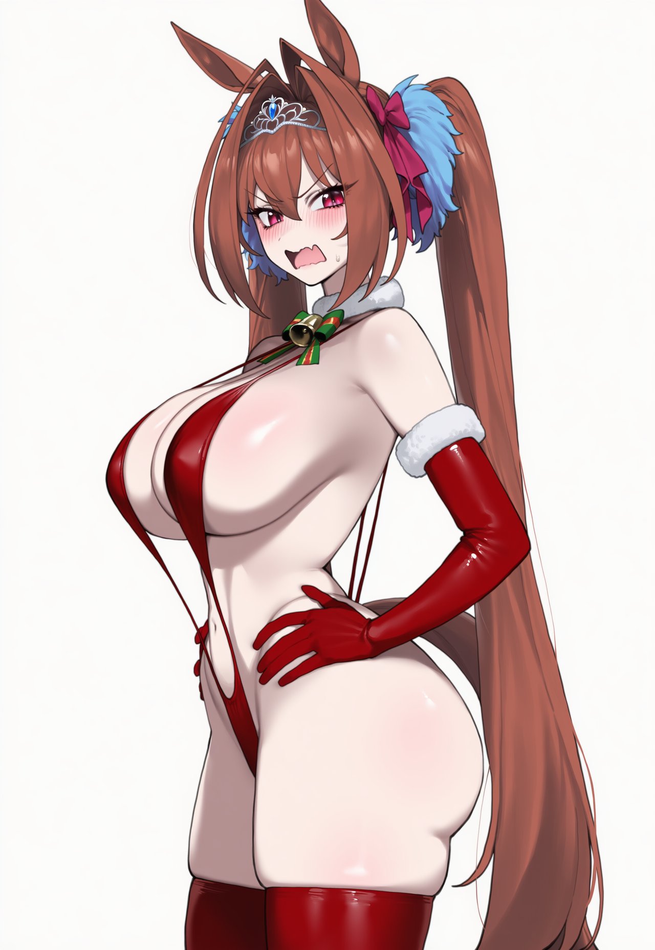 1girls, ai generated, angry, angry expression, angry face, animal ears, ass, big ass, big breasts, bikini, blush, breasts, christmas, christmas outfit, daiwa scarlet (umamusume), hand on hip, horse ears, horse girl, horse tail, huge ass, huge breasts, light skin, light-skinned female, long hair, looking at viewer, navel, sling bikini, sweat, sweatdrop, thick thighs, thighs, truck kun, truck-kun art, tsundere, twintails, umamusume, umamusume pretty derby, white background