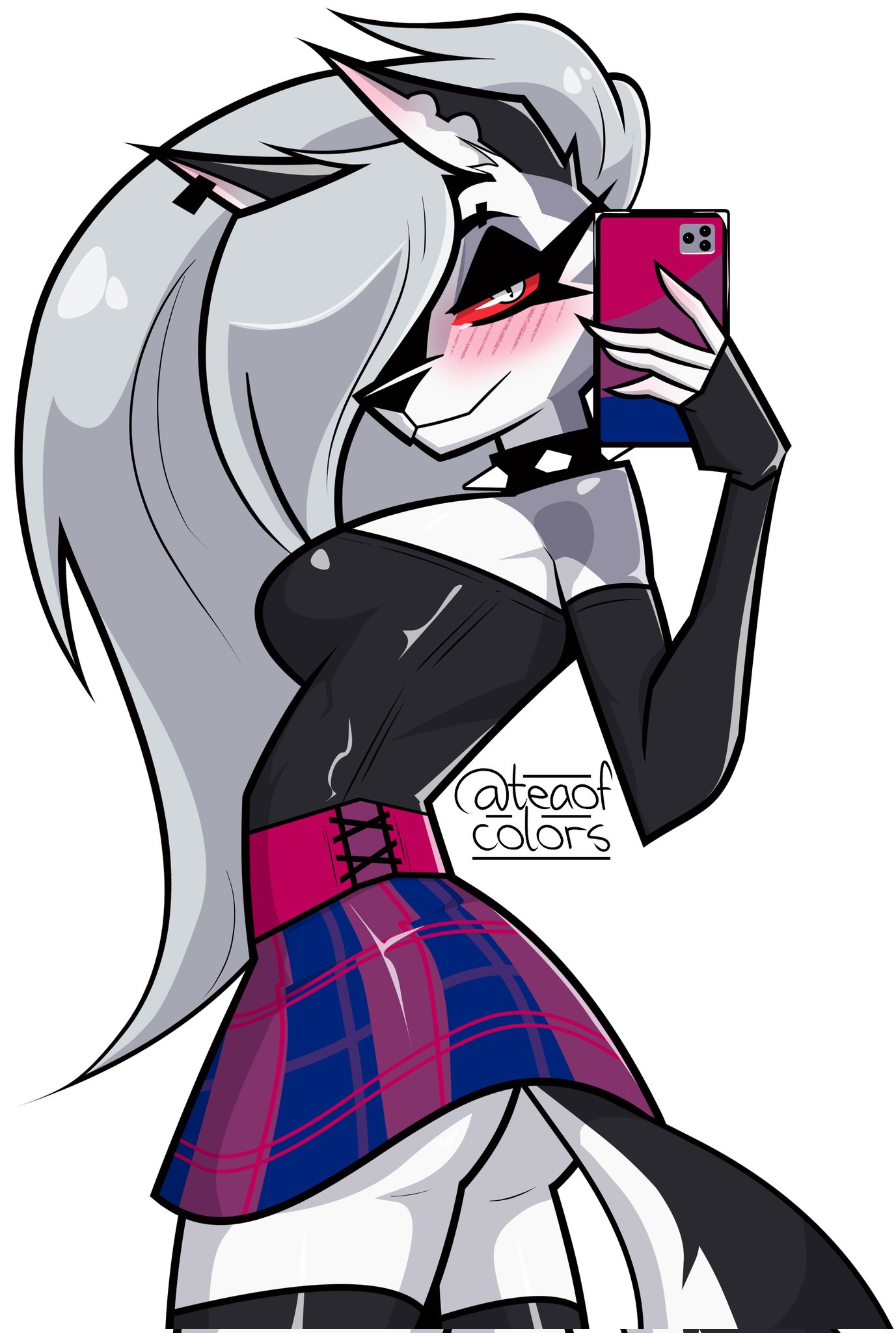 1girls, ass, bare shoulders, big ass, big breasts, big butt, blush, clothed, clothing, color, female, female focus, female only, furry, furry female, hellhound, helluva boss, hi res, large breasts, long hair, loona (helluva boss), red eyes, solo, solo female, teaofcolors, thick thighs, white hair, wolf, wolf ears, wolf girl, wolf tail