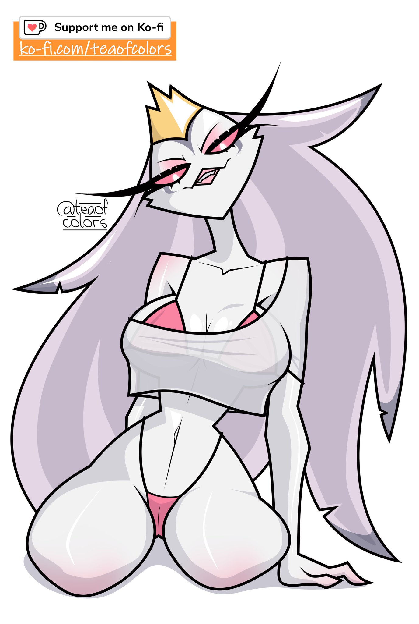 1girls, bare legs, bare shoulders, bare thighs, big breasts, blush, clothed, clothing, color, female, female focus, female only, helluva boss, hi res, large breasts, long hair, looking at viewer, owl, owl demon, owl girl, pink eyes, solo, solo female, stella (helluva boss), tagme, teaofcolors, thick thighs, white hair