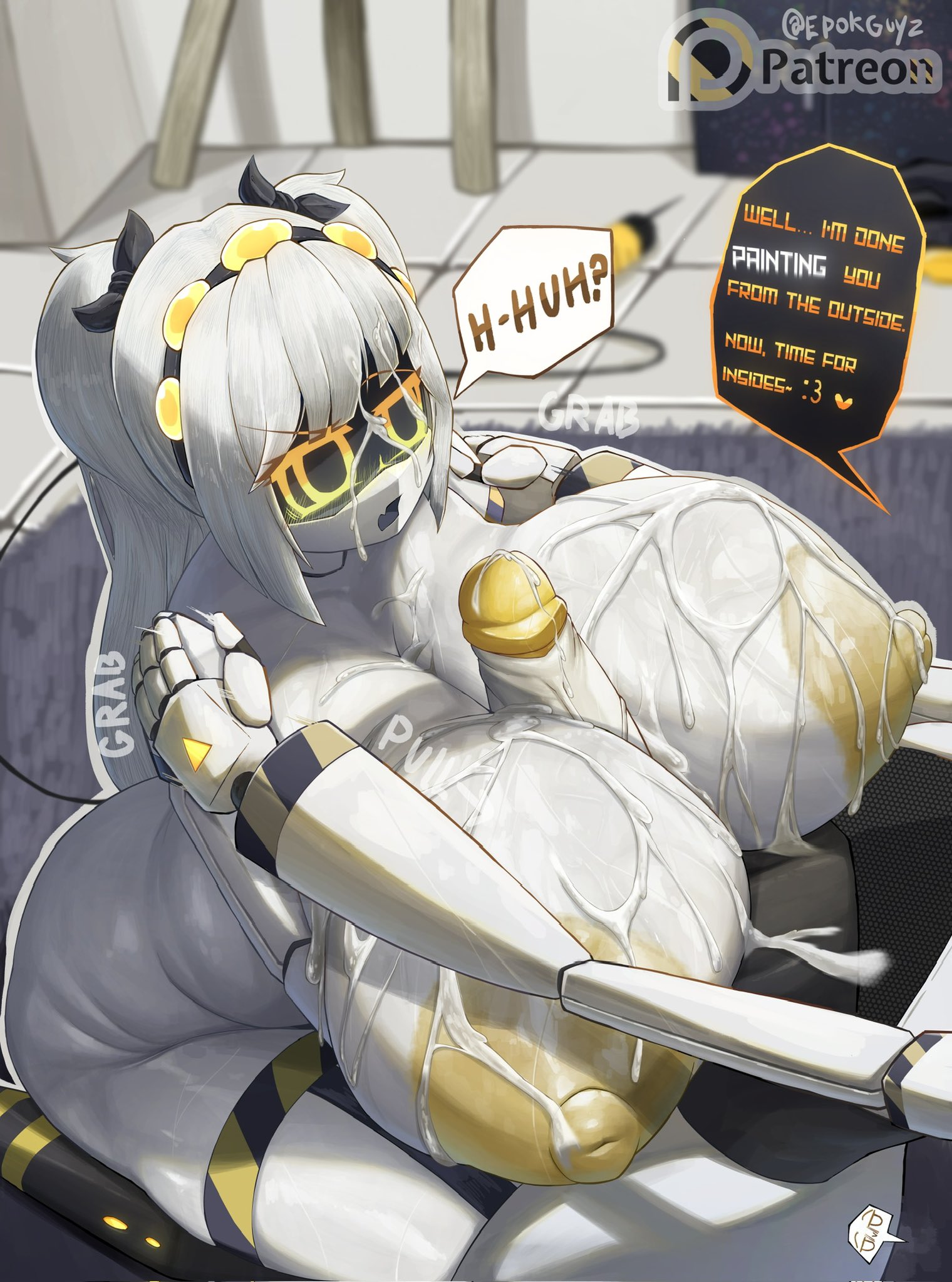 big ass, big breasts, big penis, big thighs, boobjob, cum, cum on breasts, cum on face, epokguyz, glitch productions, hyper breasts, imminent sex, j (murder drones), male/female, murder drones, n (murder drones), on knees, paizuri, penis between breasts, yellow areola