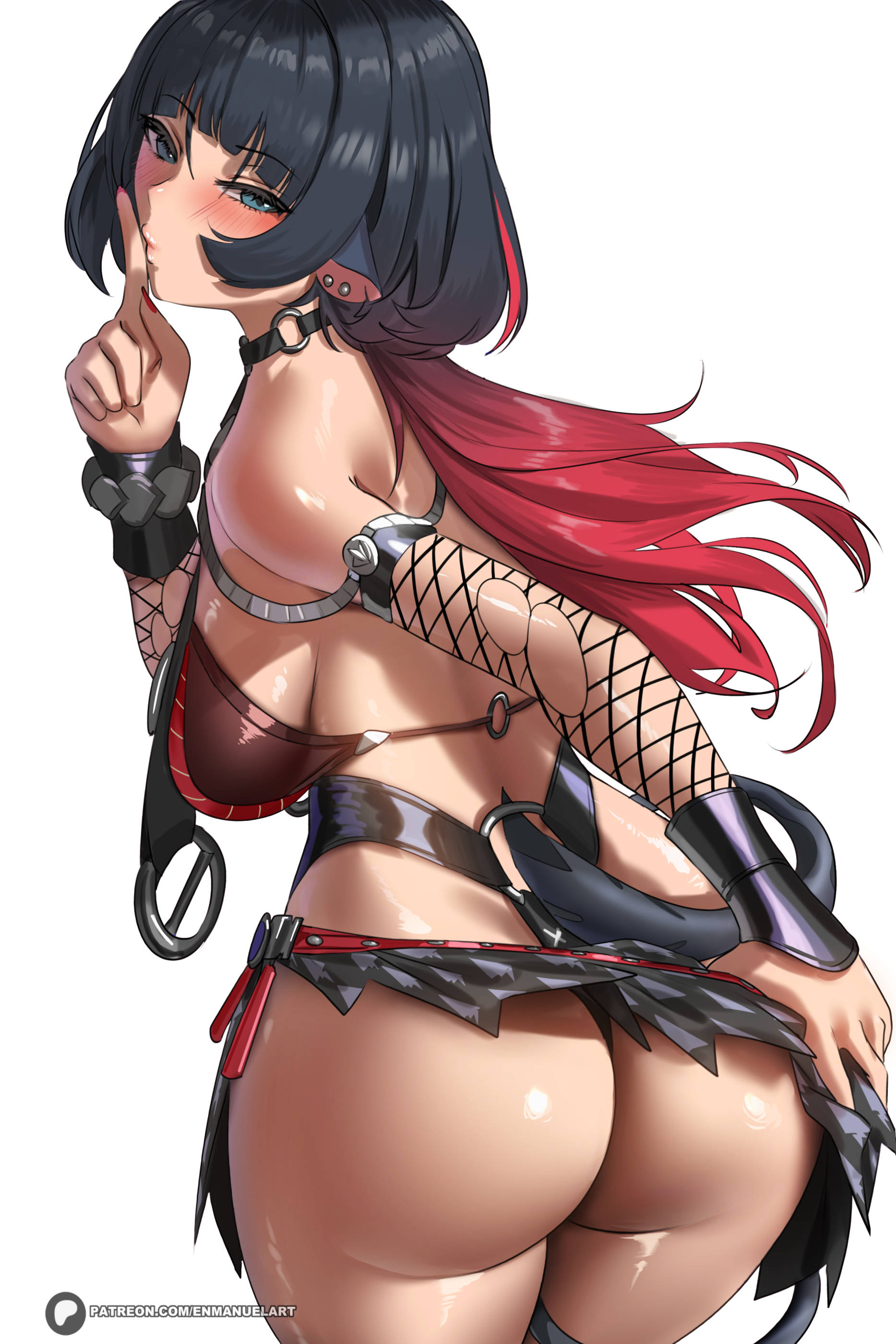 1girls, animal ears, armwear, ass focus, backboob, big ass, black hair, black swimsuit, breasts, ear piercing, earrings, enmanuelart20, female, female only, fishnet, fishnet armwear, fishnets, green eyes, hair, huge ass, jane doe (nocturne of light) (zenless zone zero), jane doe (zenless zone zero), looking back, nail polish, nails, official alternate costume, rat ears, rat girl, rat tail, shushing, solo, solo female, swimsuit, swimwear, thighs, zenless zone zero