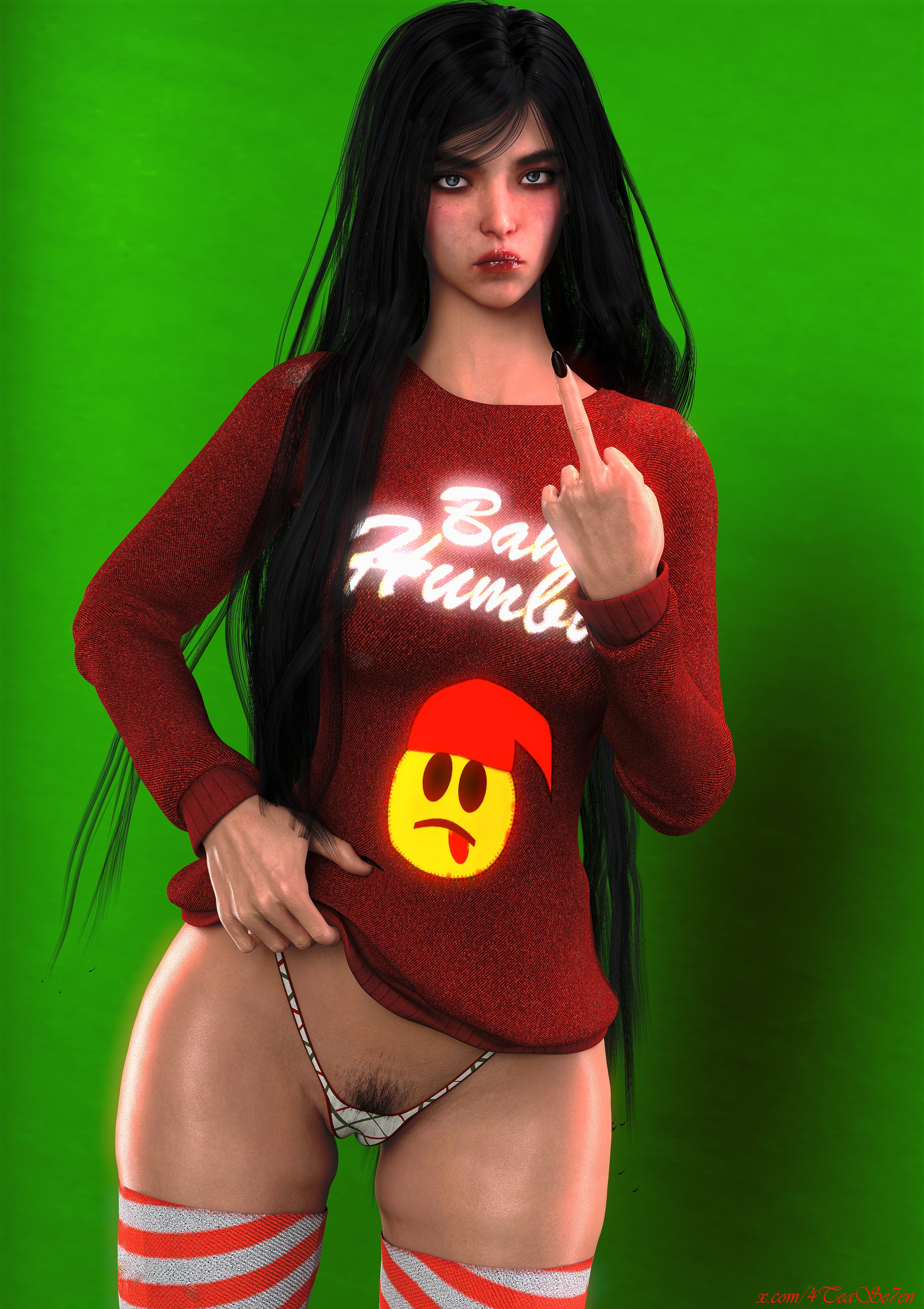 1female, 1girls, 3d, 3d (artwork), 3d model, 3d render, 3dcg, 3dx, 4tease7en, agent 4 tea se7en, android, android girl, black hair, black nail polish, black nails, camel toe, cameltoe, candy cane stocking, christmas, christmas clothing, christmas outfit, christmas sweater, christmas underwear, cute, cute face, cute female, cute girl, cute panties, cute thong, english text, fair skin, fair-skinned female, female, female focus, female only, female pubic hair, flipping off, flipping the bird, g-string, girl, girly, goth, goth girl, green background, grumpy, grumpy girl, high waisted panties, high waisted thong, high-waist panties, high-waisted thong, human, human only, light skin, light-skinned female, long hair, long nails, long sleeves, longsleeve, looking at camera, looking at viewer, low-rise panties, middle finger, nail polish, nails, nails painted, no pants, nylon stockings, nylons, painted nails, pale skin, pale-skinned female, panties, plain background, pout, pouting, pouty, pouty lips, pubes, pubes exposed, pubes showing, pubic hair, pubic hair peek, puffy pussy, pussy, pussy visible through clothes, pussy visible through panties, pussy visible through thong, raven (stellar blade), render, rendered, scowl, scowling, scowling at viewer, shift up, skinny, skinny female, skinny girl, skinny waist, slender, slender body, slender waist, slim, slim body, slim girl, slim waist, solo, solo female, solo focus, stellar blade, straight hair, sweater, sweater lift, sweater pull, sweater up, text on clothing, text on shirt, text on topwear, thick thighs, thigh high socks, thigh high stockings, thigh highs, thighhigh socks, thighhigh stockings, thighhighs, thighs, thong, thong panties, thong underwear, tight clothing, tight fit, tight panties, tight pussy, tight thong, underwear, video game, video game character, video game franchise, video games