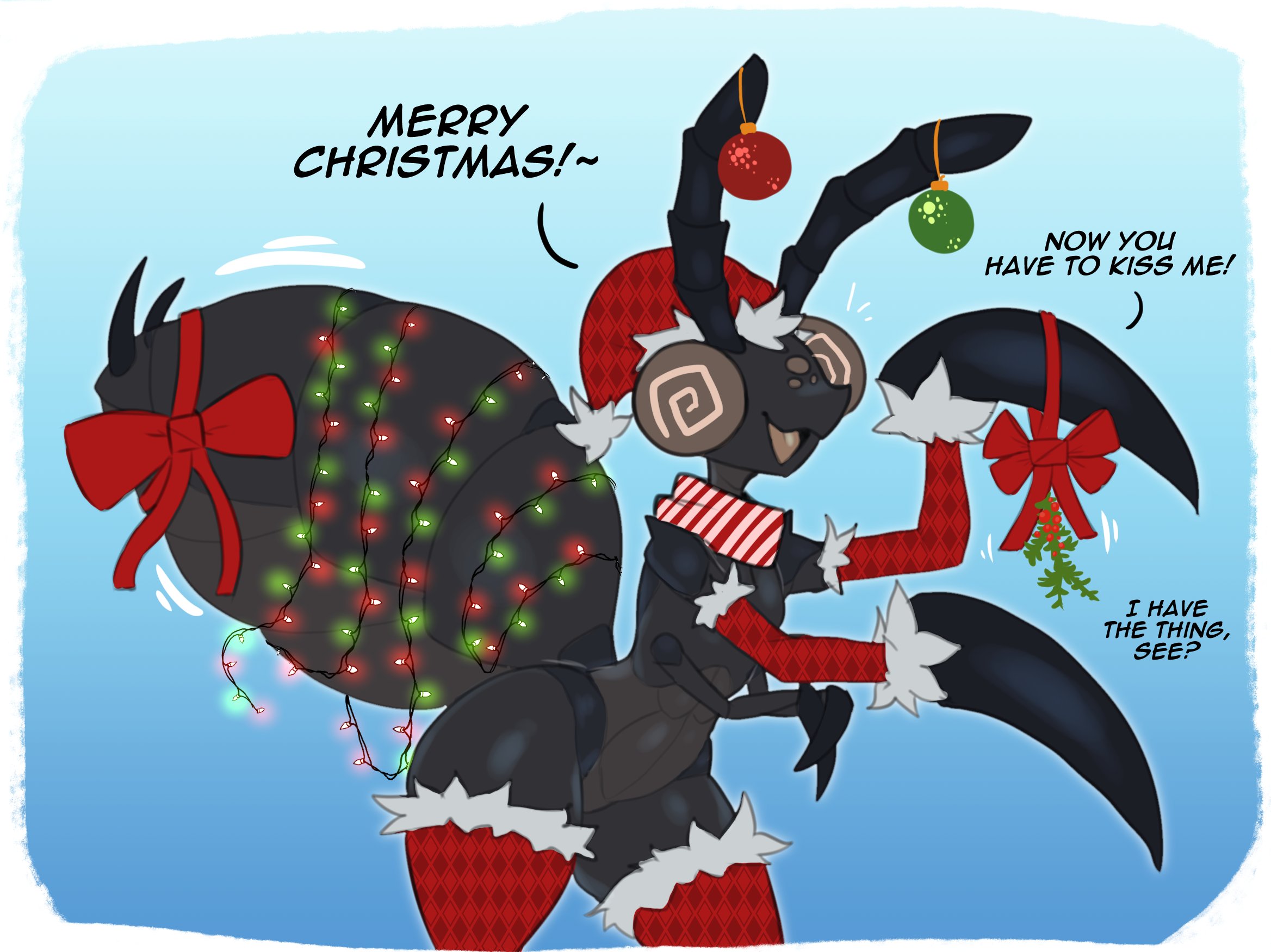 1boy, 1femboy, antennae (anatomy), arthropod, arthropod abdomen, artlegionary, christmas, christmas outfit, dizzy (artlegionary), dizzy eyes, femboy, insects, mantis, merry christmas, multi limb, open mouth, text, thick thighs, thighhighs, thighs