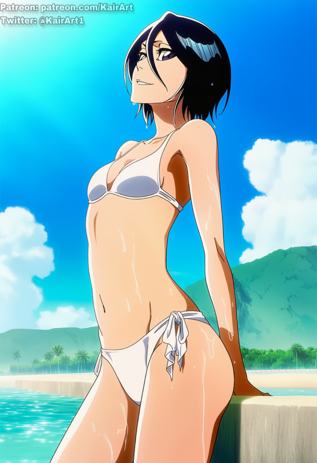 1girls, absurd res, absurdres, accurate art style, ai generated, artist name, beach, bikini, black hair, bleach, bleach: the thousand-year blood war, breasts, cleavage, female, female focus, female only, hi res, high quality, high resolution, highres, kairart, kuchiki rukia, looking at viewer, medium breasts, navel, outdoors, patreon, patreon url, patreon username, pussy juice, small breasts, smile, solo, solo female, solo focus, sunlight, swimsuit, swimwear, thighs, twitter username, water, wet, wet body, wet pussy, white bikini