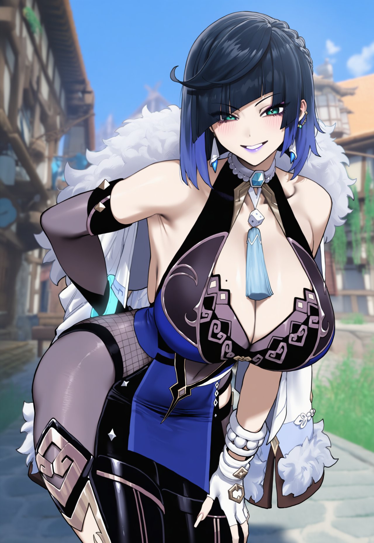 1girls, ai generated, armpits, ass, blush, breasts, clothed, clothed female, clothing, collarbone, genshin impact, hips, hoyoverse, huge ass, huge breasts, light skin, light-skinned female, lipstick, looking at viewer, mihoyo, mole, mole on breast, outside, short hair, smile, thick thighs, thighs, truck kun, truck-kun art, wide hips, yelan (genshin impact)