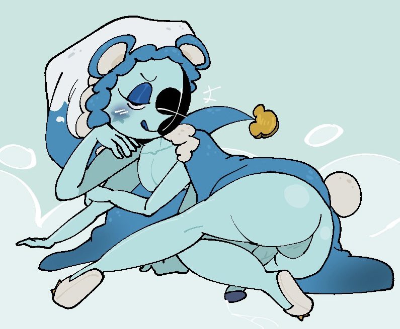 1boy, ass, ass focus, astro (dandy's world), bear tail, bedtime bear astro, blanket, blue blanket, blue body, blue skin, blush, dandy's world, half-closed eyes, leaking precum, licking lips, looking at viewer, male, male only, naked, naked male, pokerjokerful, precum, presenting ass, presenting hindquarters, roblox, slippers, suggestive, suggestive look, suggestive pose