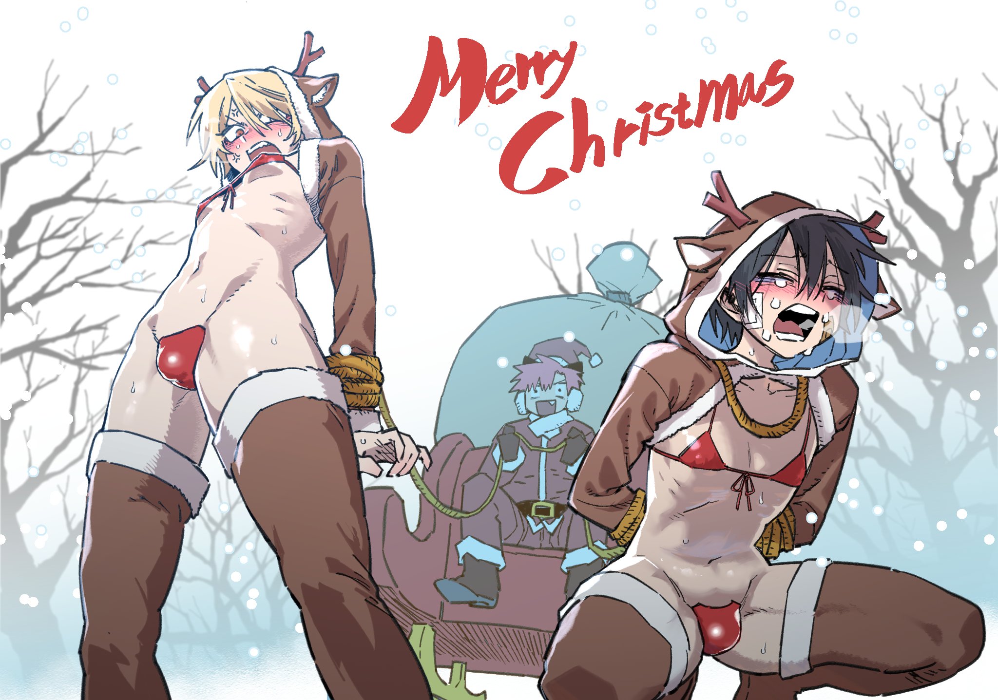 3boys, black hair, blonde hair, blush, bondage, bulge, christmas, crossdressing, erect nipples, femboy, flustered, gay, gay male, girly, high school boy, hong il-tak, hooni (suicide boy), lee hoon, male, male only, male/male, nipples, park jinim (parkgee), parkgee, partially clothed, pink hair, reindeer antlers, reindeer costume, santa costume, small penis, snow, submissive male, suicide boy, tears, thighhighs, yaoi