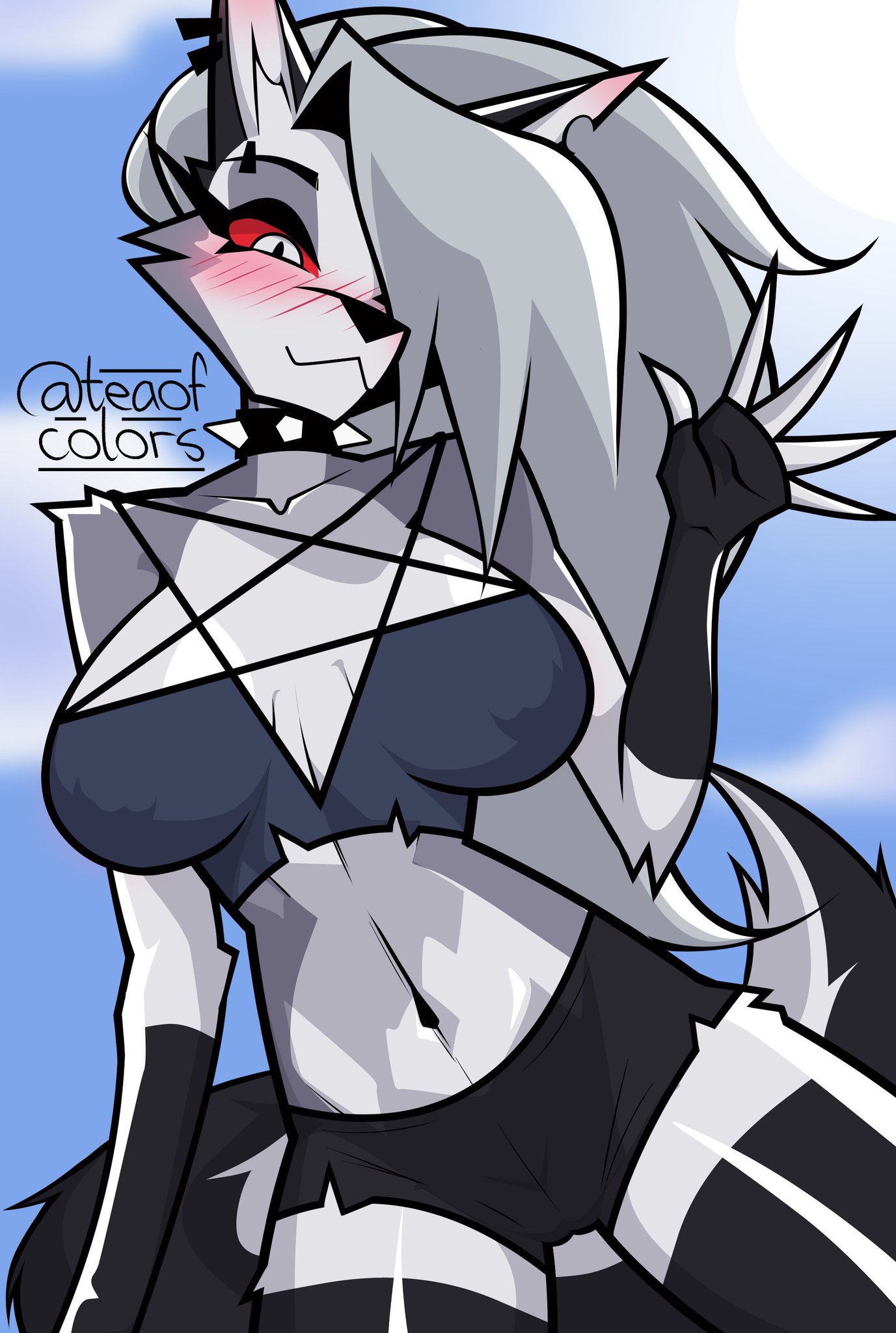 1girls, bare shoulders, big breasts, blush, clothed, clothing, color, female, female focus, female only, furry, furry female, hellhound, helluva boss, hi res, large breasts, long hair, loona (helluva boss), nipple bulge, nipples visible through clothing, red eyes, solo, solo female, teaofcolors, thick thighs, white hair, wolf, wolf ears, wolf girl, wolf tail