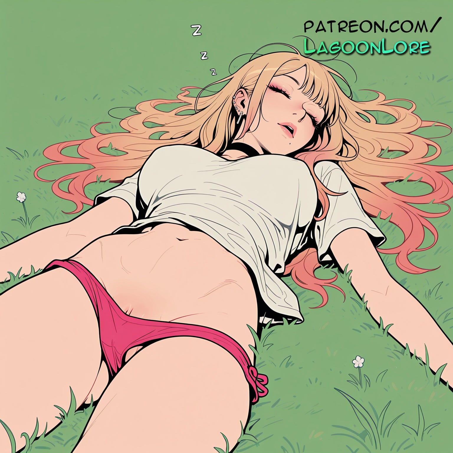 against tree, ai generated, artist name, blonde hair, breasts, bush, bust, chest, closed eyes, clover, dandelion, earrings, female, field, fireflies, flower, flower field, foliage, four-leaf clover, garden, grass, green background, green theme, hi res, highres, hill, jewelry, kitagawa marin, lagoonlore, laying down, long hair, lying, lying on back, my dress up darling, nature, navel, on back, on grass, on ground, outdoors, panties, patreon, patreon username, plant, sleeping, solo, sono bisque doll wa koi wo suru, tree stump, under tree, underwear, wading pool, watermark