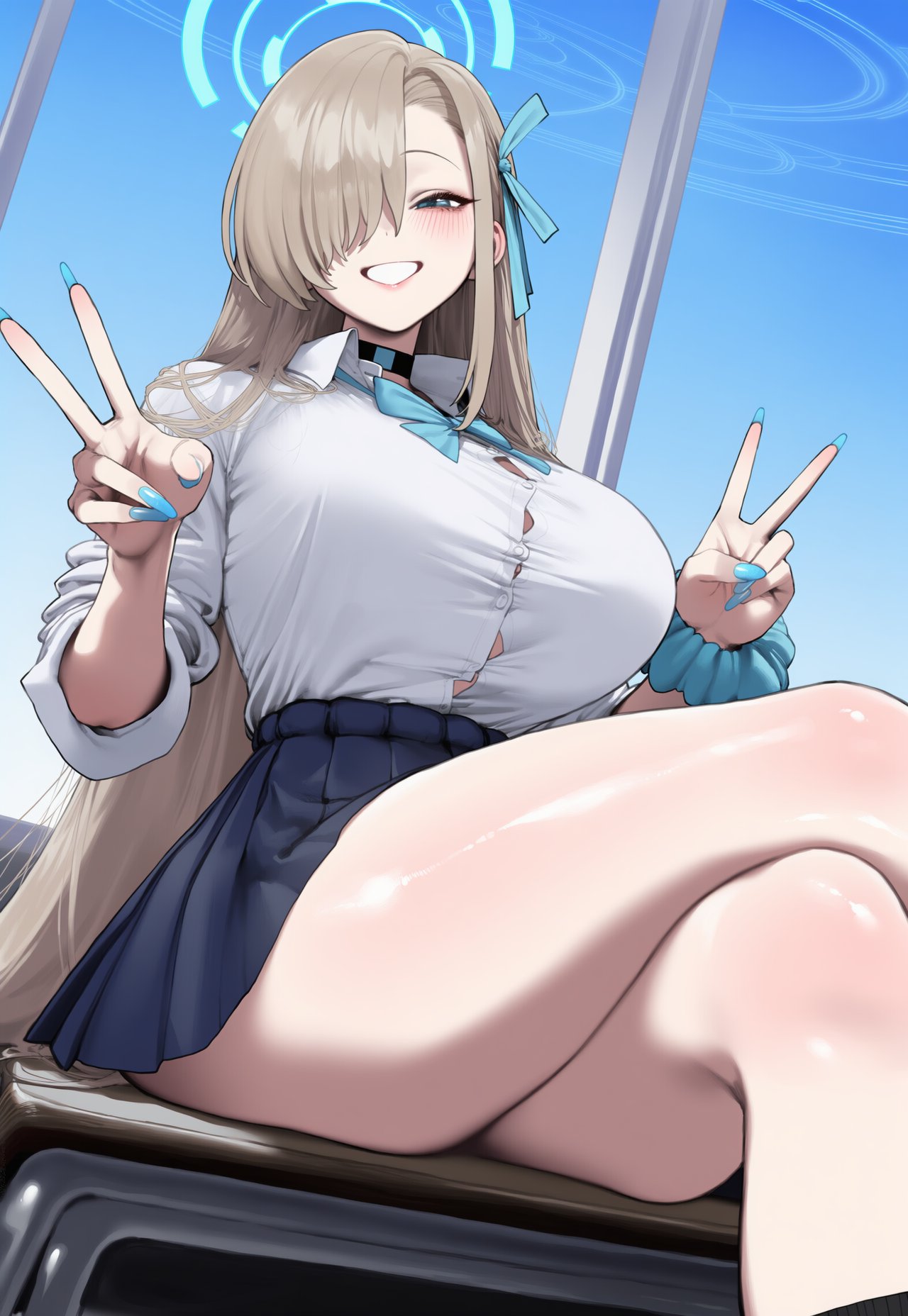 1girls, ai generated, ass, asuna (blue archive), blue archive, blush, breasts, fat ass, grin, halo, huge ass, huge breasts, light skin, light-skinned female, long hair, looking at viewer, peace sign, school uniform, schoolgirl, smile, snowbunny, thick thighs, thighs, truck kun, truck-kun art, v