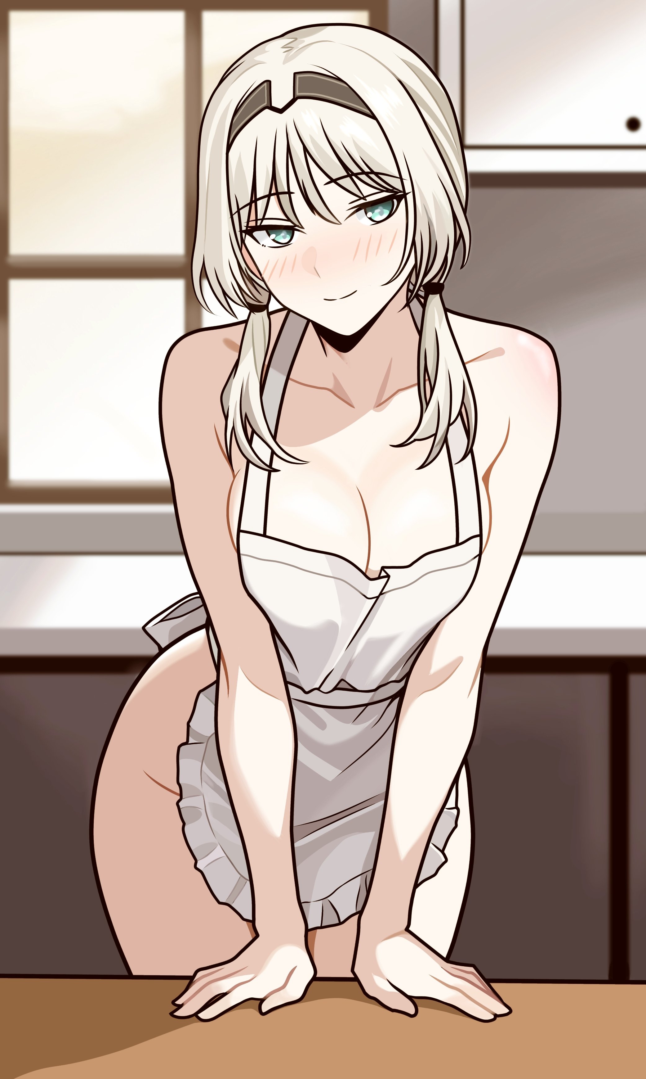 1girls, 2d, an-94 (girls' frontline), apron, apron only, blonde hair, blush, blushing at viewer, boobs focus, female, female only, girls' frontline, half naked, kitchen, leaning on table, legs together, long hair, looking at viewer, naked apron, railys ji, smile, smiling, smiling at viewer, white hair, wide hips