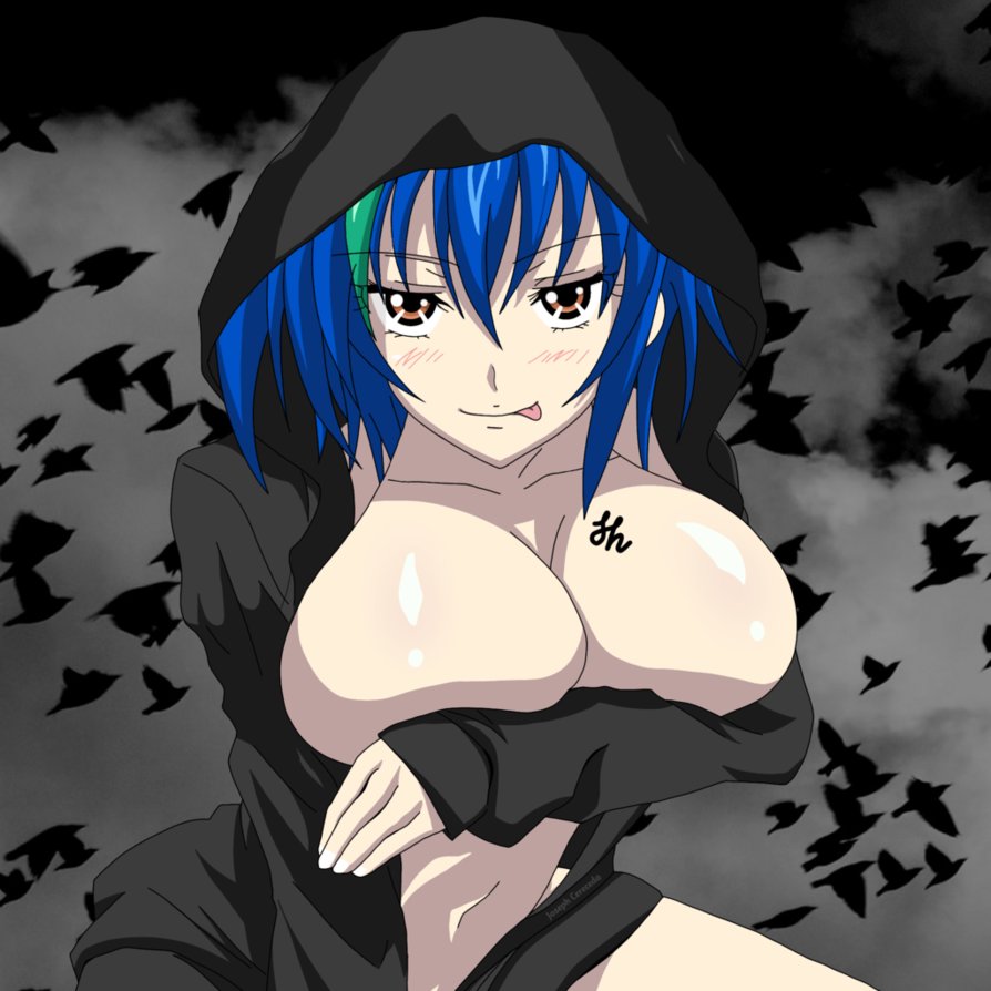 1girls, big breasts, blue hair, breast hold, breasts, busty, covering breasts, female, female only, high school dxd, large breasts, naughty face, no bra, tongue, tongue out, xenovia quarta