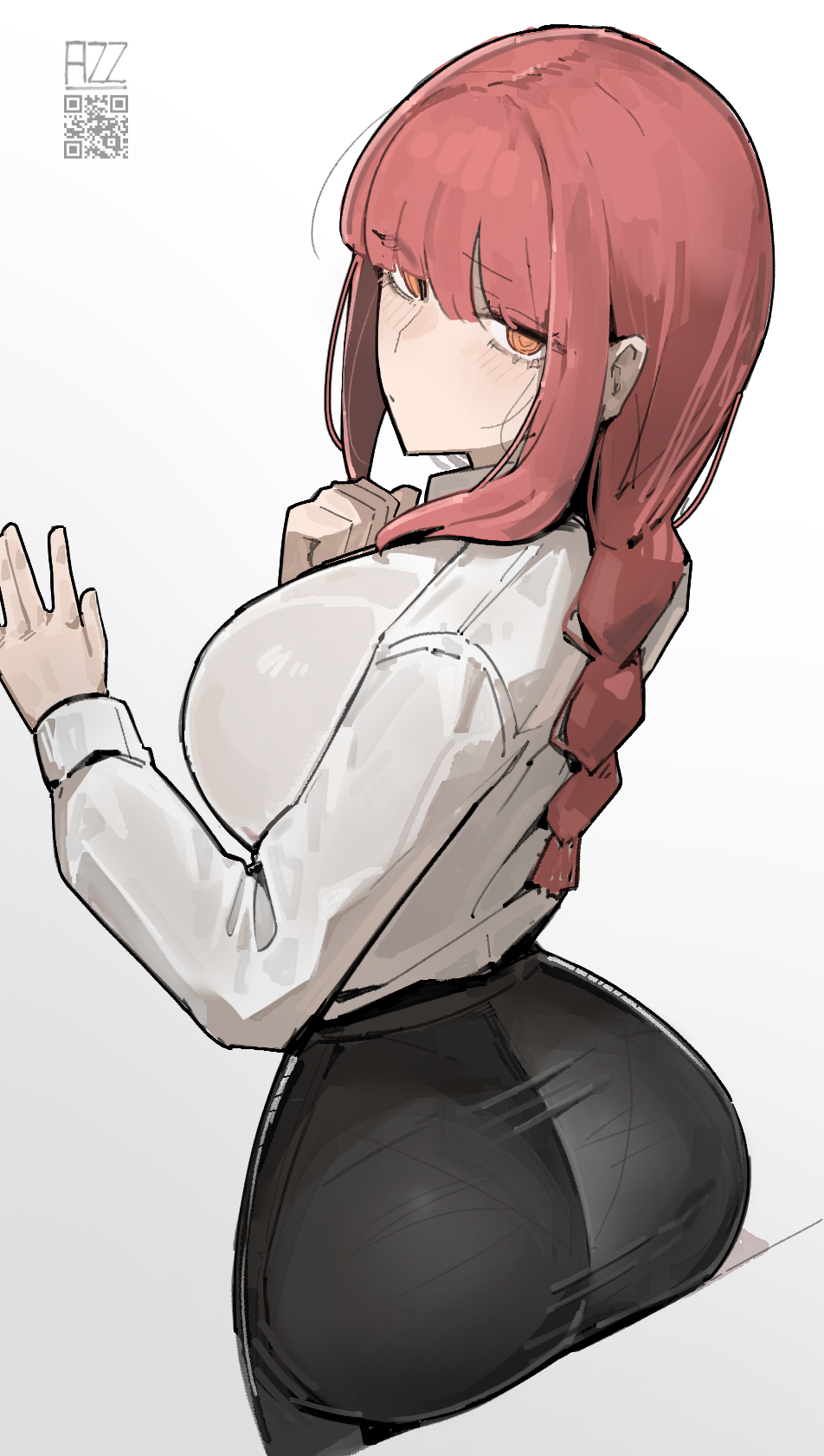artist name, ass, azz0422, black pants, braid, braided ponytail, breasts, chainsaw man, female, female only, highres, large breasts, looking at viewer, makima (chainsaw man), orange eyes, pants, pantylines, red hair, ringed eyes, shirt, simple background, solo, tight clothes, tight pants, white background, white shirt