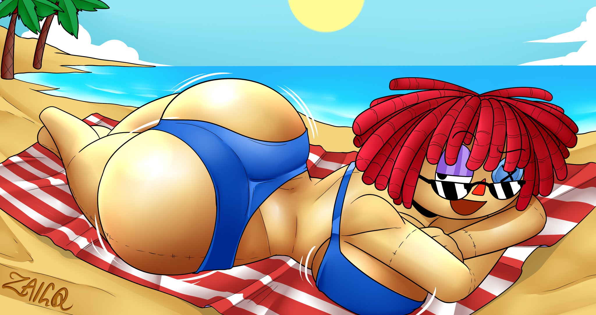 absurd res, ass, ass focus, beach, beach towel, big ass, big breasts, bikini, blue bikini, glitch productions, hi res, ragatha (beach outfit), ragatha (the amazing digital circus), shaking lines, sunglasses, the amazing digital circus, zaicomaster14