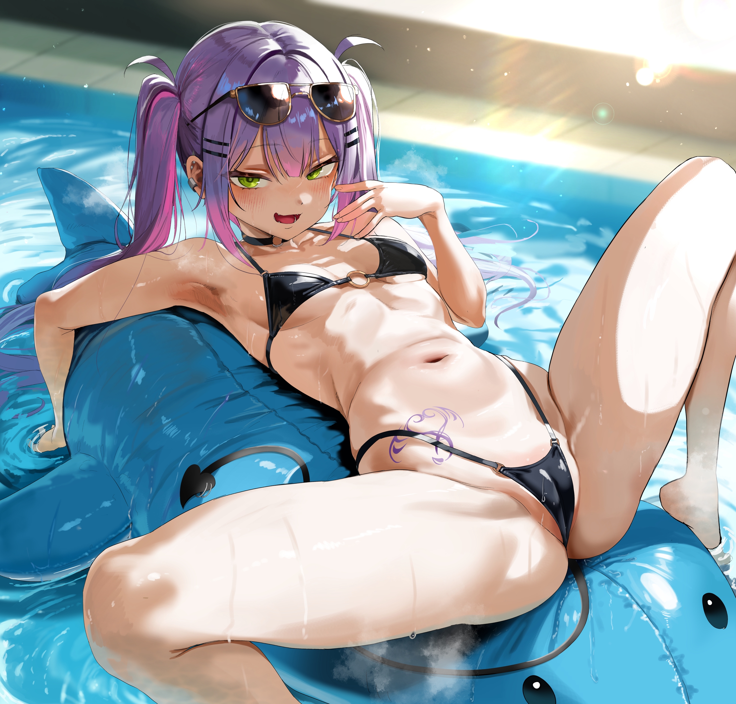 absurdres, bikini, black bikini, breasts, choker, colored inner hair, commentary request, demon girl, demon tail, dikko, ear piercing, eyewear on head, feet out of frame, female, gradient hair, green eyes, hair ornament, hairclip, highleg, highleg bikini, highres, hololive, inflatable dolphin, inflatable toy, long hair, looking at viewer, lying, multicolored hair, o-ring, o-ring choker, piercing, pink hair, purple hair, small breasts, solo, spread legs, steam, streaked hair, sunglasses, swimsuit, tail, tokoyami towa, twintails, virtual youtuber, water
