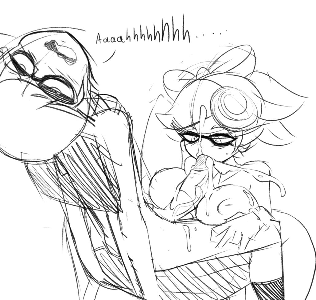 bigdeadalive, breasts, cum, cum in mouth, cumming, domino mask, erection, fellatio, female, inkling, inkling boy, large breasts, male, marie (splatoon), mask, monochrome, nintendo, nude, open mouth, oral, paizuri, penis, short hair, simple background, splatoon, squid sisters, straight, uncensored, white background
