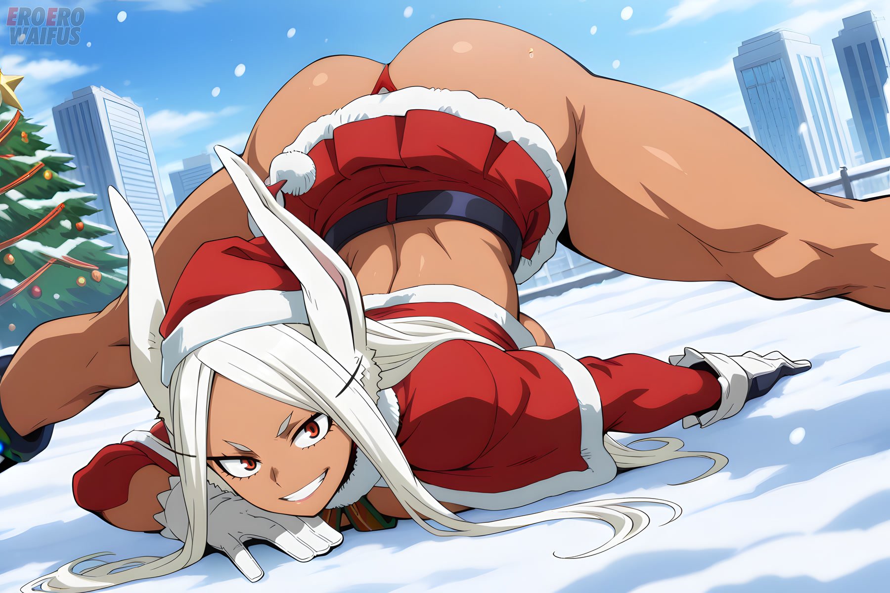 ai generated, athletic female, bare thighs, big ass, big butt, boku no hero academia, christmas, dark skin, dark-skinned female, eroero waifus, fat ass, gigantic ass, gigantic breasts, huge breasts, huge thighs, jack-o pose, long hair, looking at viewer, massive ass, massive breasts, miruko, muscular female, my hero academia, oiled body, oiled skin, panties, rabbit ears, red eyes, rumi usagiyama, santa costume, santa hat, smiling, solo female, squatting, sweat, sweatdrop, thick body, thick female, thick thighs, thighhighs, thighs, voluptuous, voluptuous female, white hair