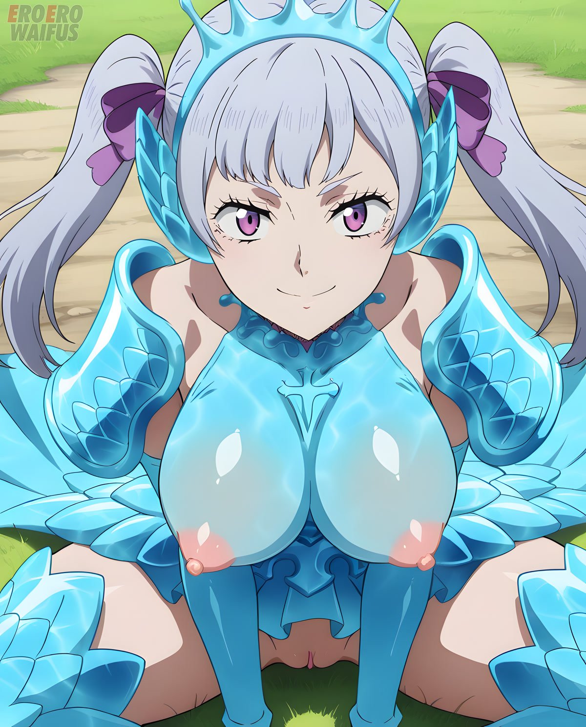 1girls, ai generated, areolae visible through clothing, armored dress, athletic female, bare thighs, big breasts, black clover, eroero waifus, female, female only, hair ribbon, huge areolae, huge breasts, huge nipples, huge thighs, light skin, light-skinned female, looking at viewer, massive breasts, nipples visible through clothing, no panties, noelle silva, puffy nipples, purple eyes, shounen jump, silver hair, smiling, solo, solo female, squatting, sweat, sweatdrop, thick body, thick female, thick thighs, thighhighs, thighs, twintails, voluptuous, voluptuous female