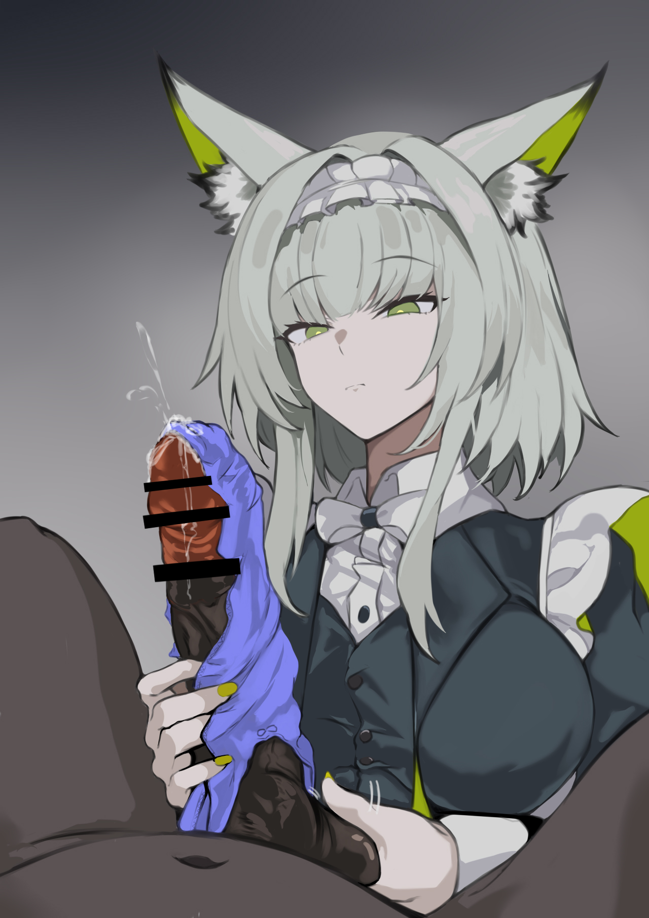 2d, animal ears, arknights, balls grab, big penis, blue panties, censored, clothed female nude male, cum, cum on panties, cumming, cumming from handjob, dark-skinned male, disgusted, disgusted look, ear tuft, ejaculation, female, female focus, fondling balls, green eyes, handjob, kal'tsit (arknights), looking at partner, looking at penis, maid, maid uniform, naked male with clothed female, nekomuuuu, panties, pantyjob, penis, white hair