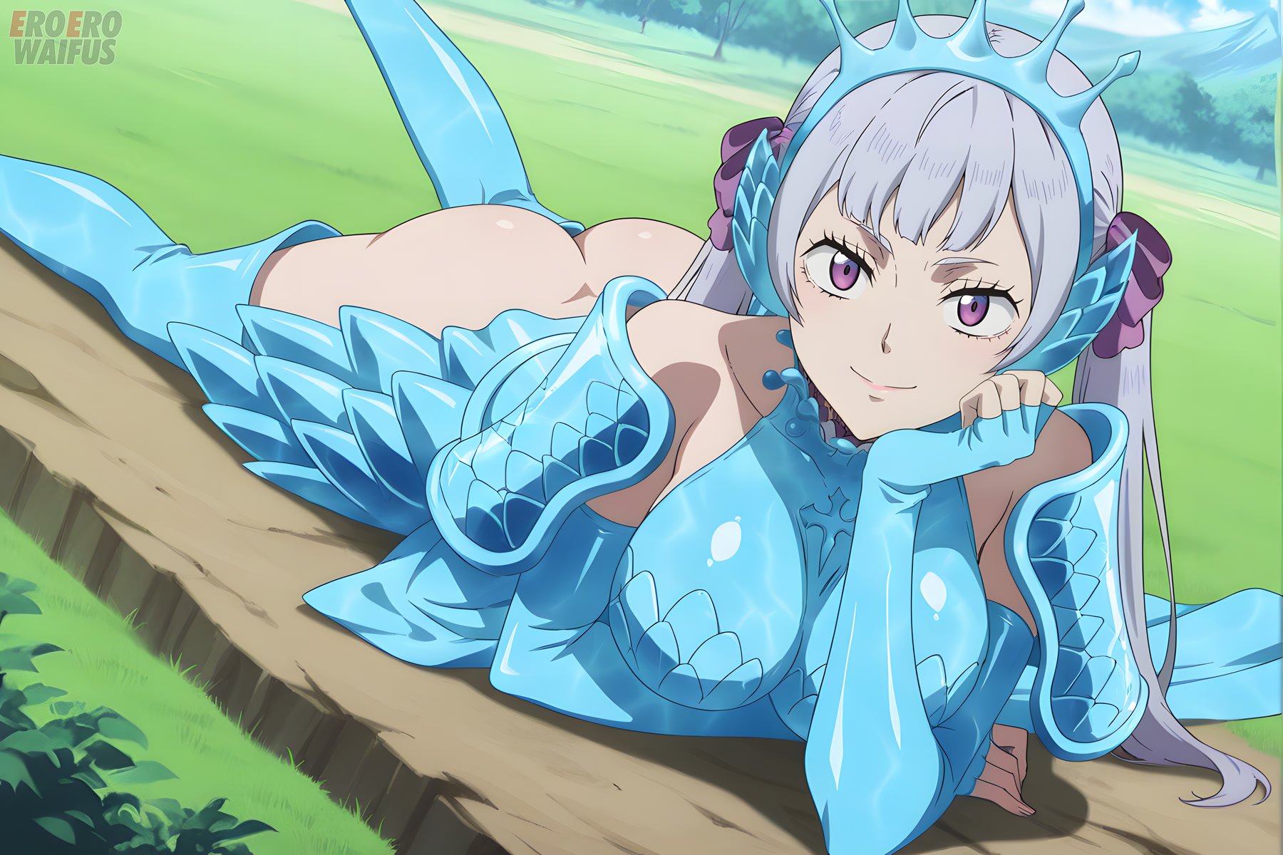 1girls, ai generated, armored dress, athletic female, bare thighs, big ass, big breasts, big butt, black clover, eroero waifus, fat ass, female, female only, gigantic ass, hair ribbon, huge breasts, huge thighs, light skin, light-skinned female, looking at viewer, massive ass, massive breasts, no panties, noelle silva, purple eyes, shounen jump, silver hair, smiling, solo, solo female, squatting, sweat, sweatdrop, thick body, thick female, thick thighs, thighs, twintails, voluptuous, voluptuous female