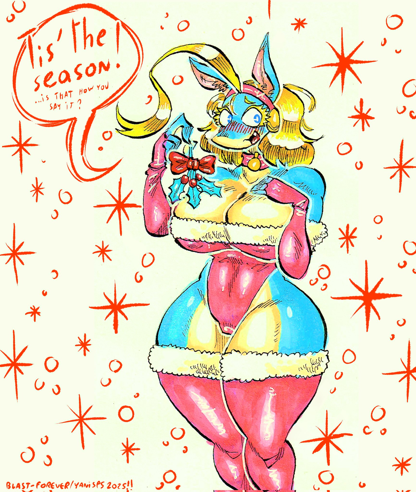 1girls, 2025, absurd res, anthro, anthro female, big breasts, big thighs, blonde female, blonde hair, blue body, blue eyes, blue fur, blush, boku no hero academia, bottomwear, breasts, canid, canid humanoid, canine, canine humanoid, canis, choker, christmas, christmas clothing, christmas outfit, clothed, clothed female, clothing, embarrassed, embarrassed female, female, female anthro, fox, fox ears, fox girl, fox humanoid, fur, furry, furry female, hair, hand on breast, handwear, hi res, hips, hourglass figure, huge breasts, huge thighs, ippan josei, legwear, mammal, mammal humanoid, massive thighs, mistletoe, mittens, my hero academia, open mouth, quirked human (my hero academia), smile, solo, solo female, speech bubble, stockings, text, text bubble, thick, thick hips, thick legs, thick thighs, thighhighs, thighs, topwear, two tone body, two tone fur, two-tone body, two-tone fur, white body, white fur, wide hips, yanisp5, yellow hair