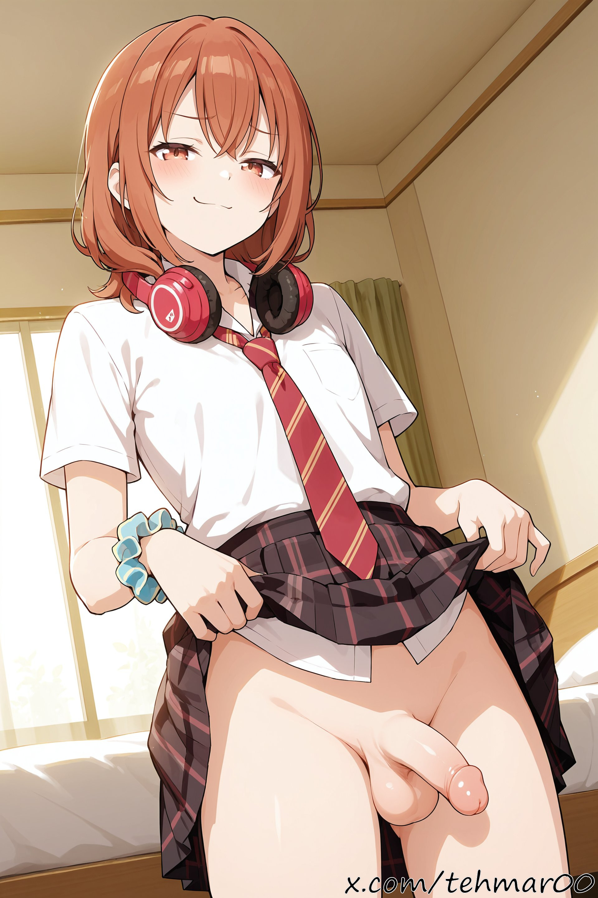 1boy, ai generated, bangs, bed, bedroom, blush, brown eyes, brown hair, brown skirt, closed mouth, clothes lift, collared shirt, cowboy shot, curtains, erection, eyebrows visible through hair, femboy, genderswap (ftm), hair between eyes, half-closed eyes, headphones, headphones around neck, indoors, kohinata iroha, lifted by self, looking at viewer, male, male only, medium hair, necktie, no panties, penis, pleated skirt, rule 63, school uniform, scrunchie, shirt, short sleeves, skirt, skirt lift, smile, smug, solo, standing, striped necktie, sunlight, tagme, tehmar, testicles, tomodachi no imouto ga ore ni dake uzai, trans woman, transfem, trap, white shirt, window, wrist scrunchie