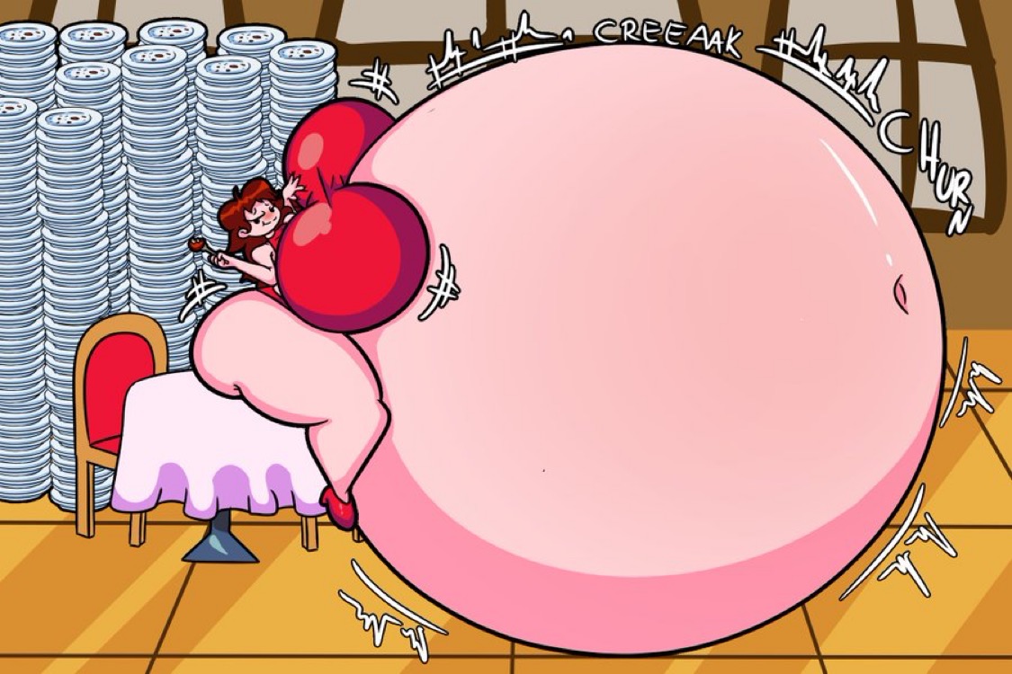 1girls, big belly, big breasts, brown hair, brunette female, brunette hair, buffet, canofsoup420, churn, churning, expansion, exposed navel, food inflation, friday night funkin, girlfriend (friday night funkin), half-closed eyes, happy, holding food, holding fork, holding object, huge belly, indoors, inflation, inflation fetish, jiggle, jiggling belly, jiggling breasts, massive belly, navel, onomatopoeia, plates, red belly, shiny, shiny skin, sitting, sitting on table, stretching, text
