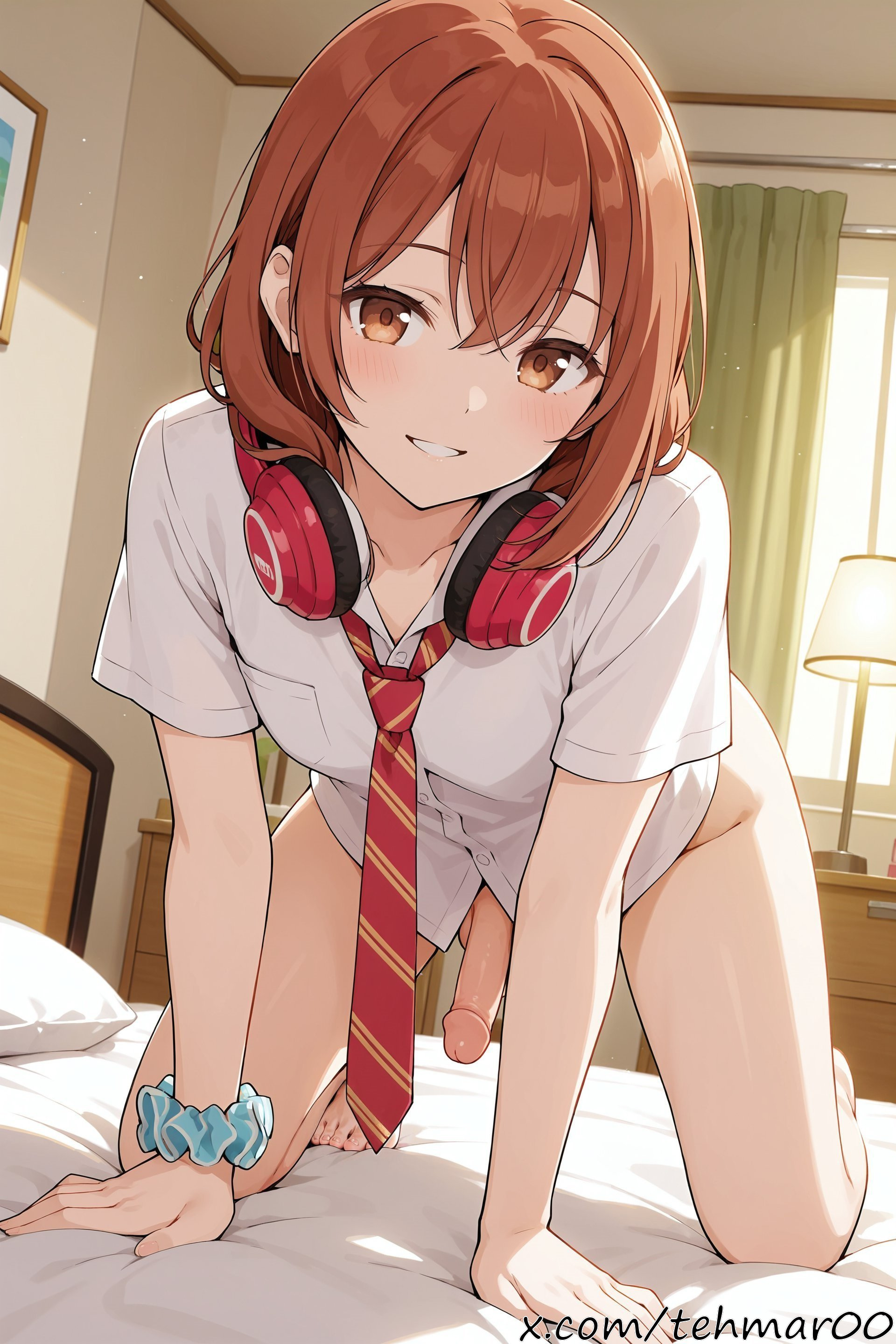 1boy, ai generated, all fours, bangs, barefoot, bed, bed sheet, bedroom, blush, bottomless, brown eyes, brown hair, collarbone, collared shirt, curtains, eyebrows visible through hair, femboy, genderswap (ftm), grin, hair between eyes, headphones, headphones around neck, indoors, kneeling, kohinata iroha, lamp, looking at viewer, male, male only, necktie, on bed, penis, pillow, red necktie, rule 63, school uniform, scrunchie, shirt, short sleeves, smile, solo, striped necktie, tagme, tehmar, tomodachi no imouto ga ore ni dake uzai, trans woman, transfem, trap, white shirt, window, wrist scrunchie