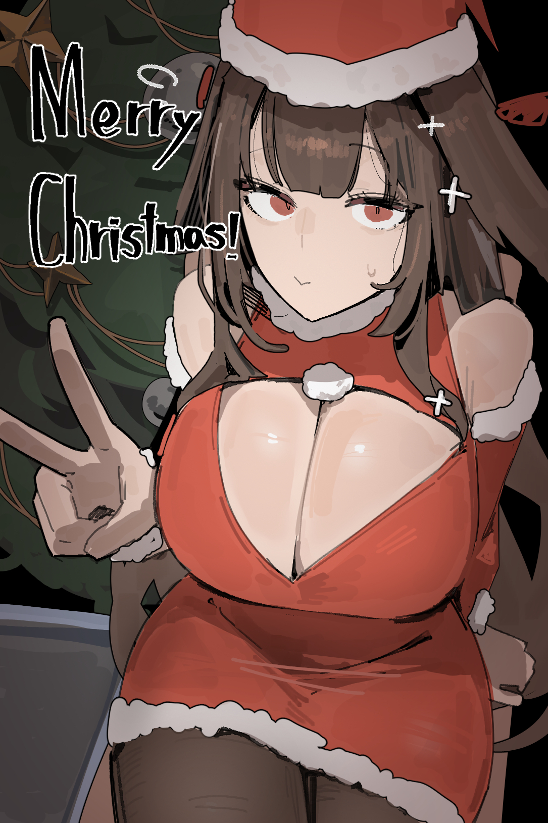 alternate breast size (larger), animal ears, azz0422, bare shoulders, breasts, brown hair, christmas, commentary, dress, droopy ears, english text, female, female only, fox ears, fox girl, fur trim, fur-trimmed headwear, hat, highres, huge breasts, large breasts, long hair, looking at viewer, red eyes, santa costume, santa dress, santa hat, symbol-only commentary, very long hair, ye shunguang, ye shunguang (touch of dawnlight), zenless zone zero