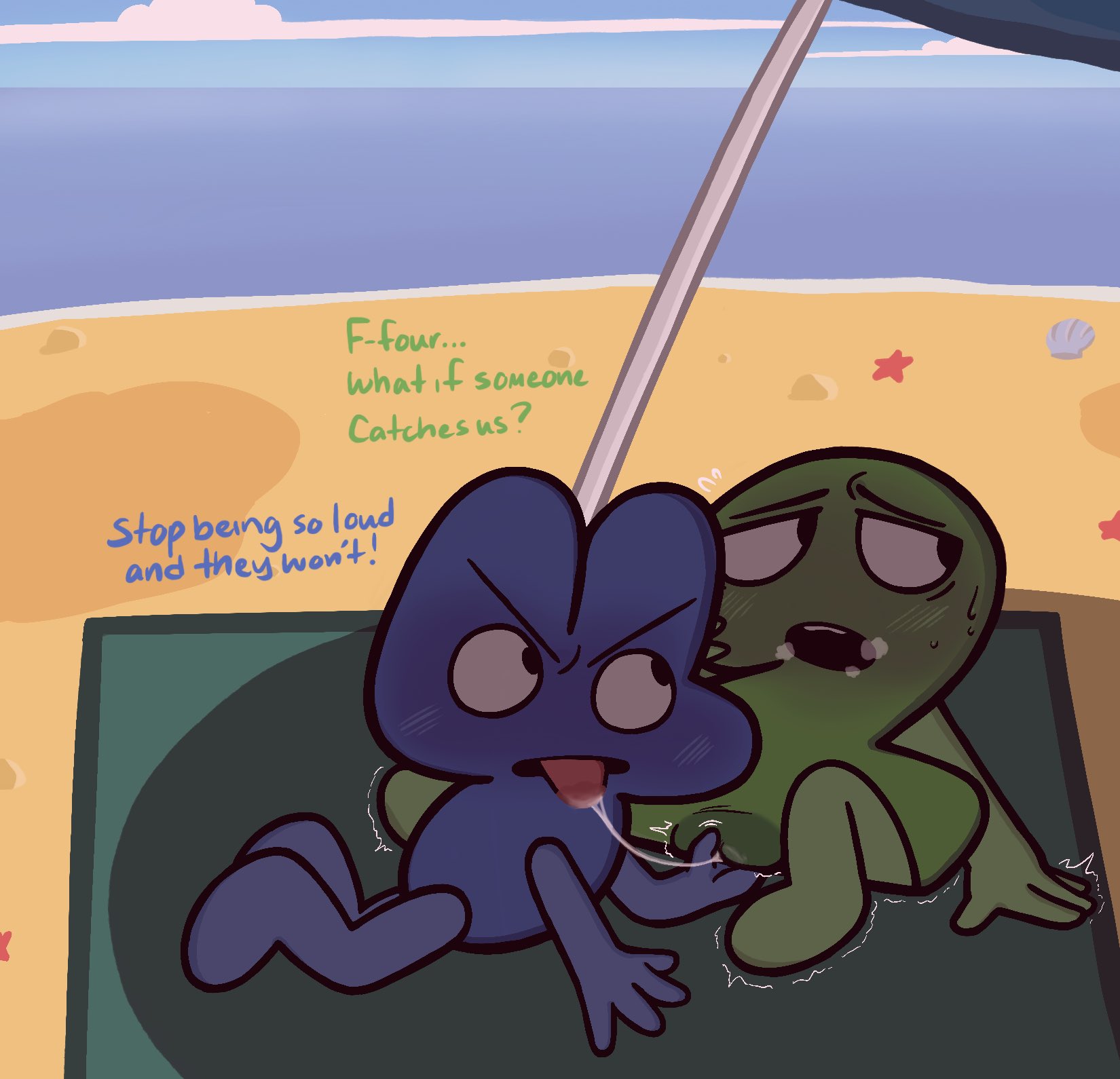 algebralien, ambiguous gender, battle for dream island, beach, beach background, beach towel, beach umbrella, bfb, bfdi, blue body, blush, blush lines, blushing, cunnilingus, dialogue, eating pussy, english, english text, exhibitionism, fingering, fingering pussy, four (bfb), green body, non-human, number, object shows, oral, oral sex, public, public sex, pussy eating, quivering, saliva string, shaking, tagme, text, the power of two, tpot, tremble spikes, two (tpot), umbrella, vadahlivokroz