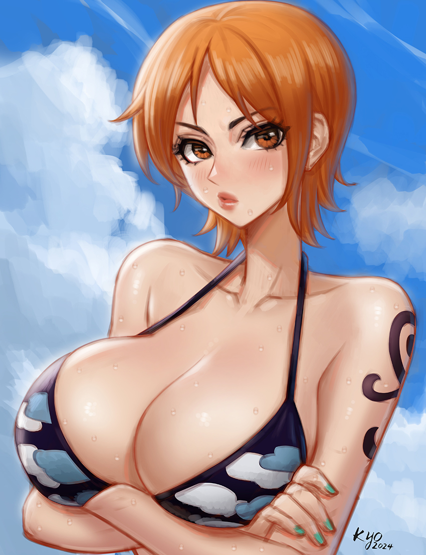 1girls bikini bikini_top breasts cleavage crossed_arms female female_only kyopink large_breasts nami nami_(one_piece) one_piece orange_hair pre-timeskip short_hair skypiea solo