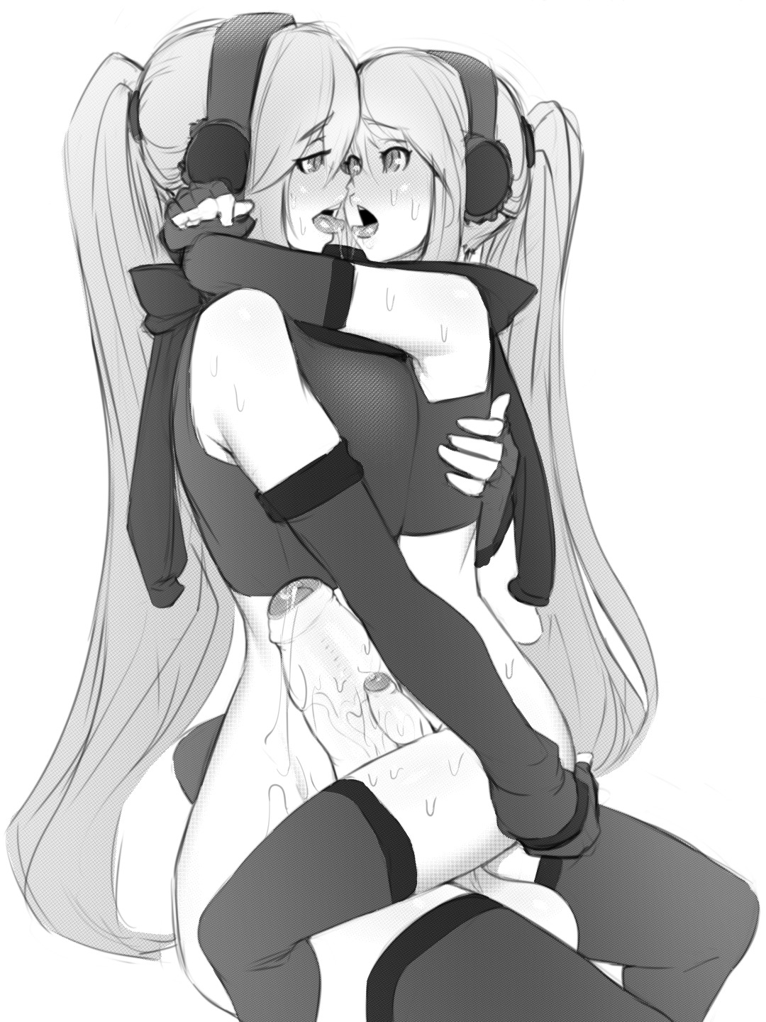 1boy, 1futa, big breasts, breasts, brother, brother and sister, dickgirl, dickgirl/male, femboy, frottage, futa is bigger, futa on male, futanari, girly, incest, intersex, kissing, large breasts, large penis, long hair, male, mostly nude, necrosmos, nemesis (necrosmos), original, original character, partially clothed, penis, penis size difference, ponytail, siblings, sister, small penis, sweat, trap