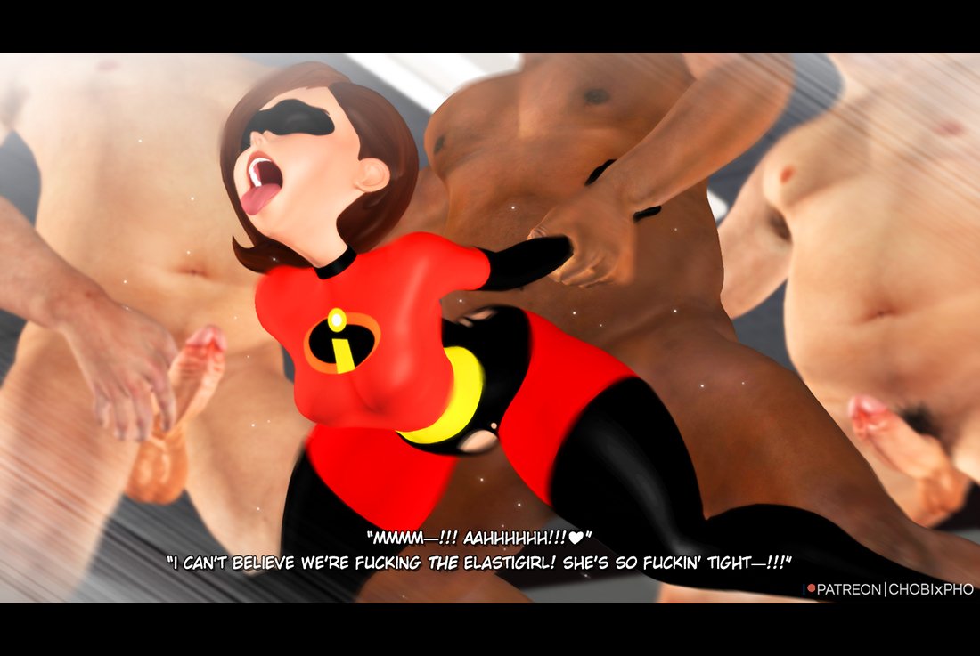 1girl 1girls 3boys 3d chobixpho dark-skinned_male dark_skin dialogue elastigirl fucked_from_behind helen_parr holding_wrists interracial mask masked_female milf superhero superhero_costume superheroine the_incredibles the_incredibles_2