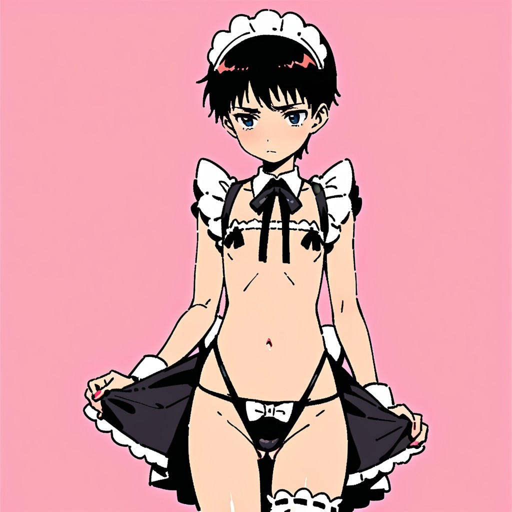 ai generated, femboy, maid, maid headdress, maid uniform, male, neon genesis evangelion, panties, partially clothed, petite, shinji ikari, skimpy, skinny, solo femboy, solo focus, solo male