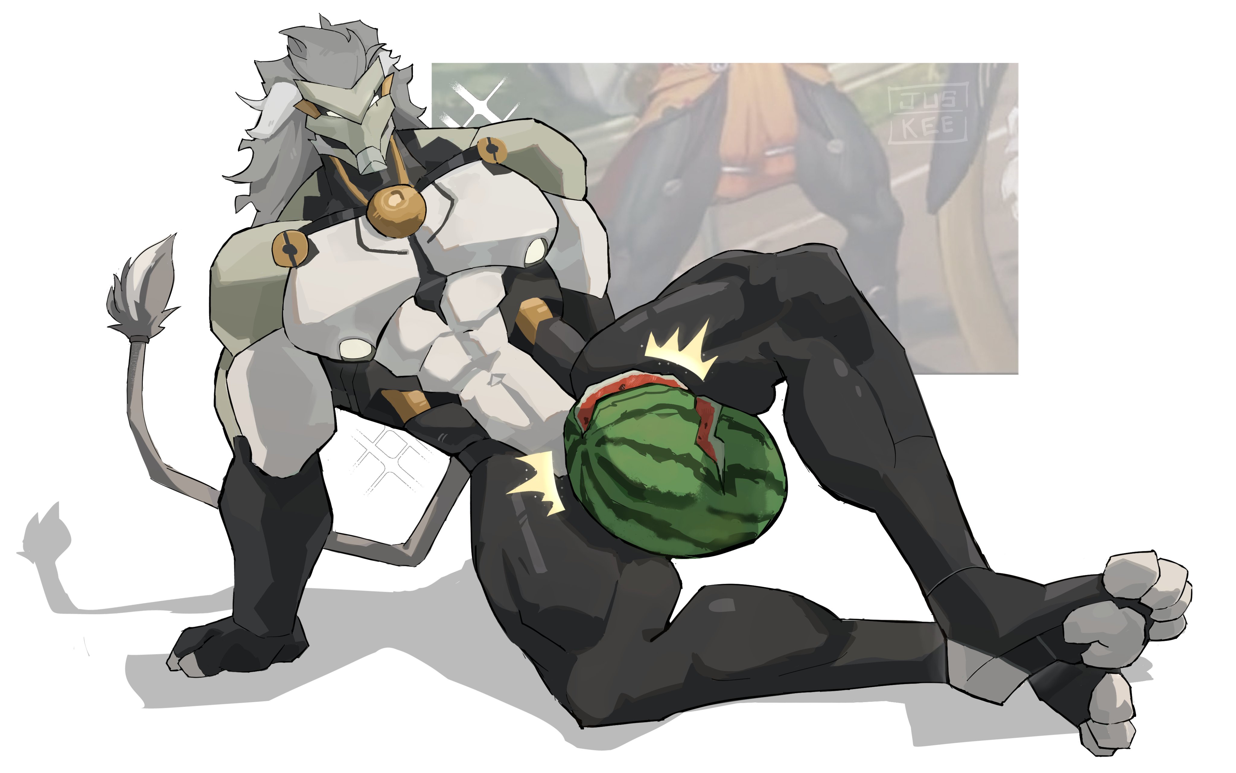 2025, abs, absurd res, anthro, banyue (zenless zone zero), biceps, biped, colored, felid, food, fruit, hi res, juskee, lion, male, male only, mammal, melon, mihoyo, muscular, muscular anthro, muscular male, muscular thighs, nude, pantherine, pecs, plant, robot anthro, solo, solo male, tail, tail tuft, tuft, zenless zone zero