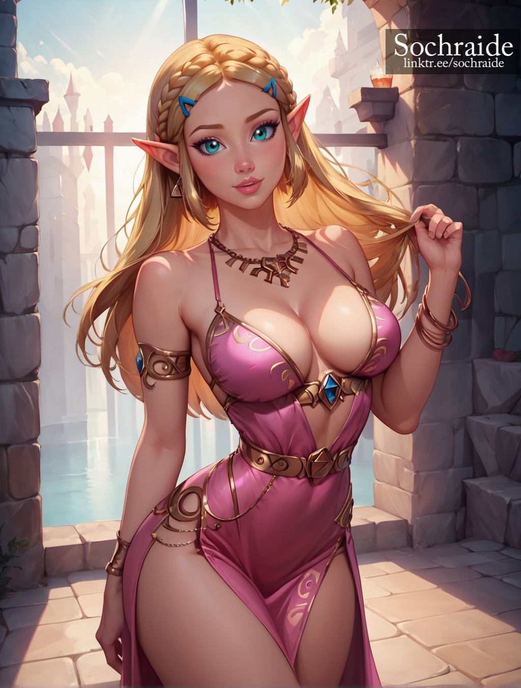 1girls, ai generated, big breasts, bimbo, blonde female, blonde hair, blue eyes, breasts, breath of the wild, castle, cleavage, dress, elf ears, female, gem, gold jewelry, jewelry, light skin, light-skinned female, looking at viewer, pink dress, princess zelda, slim waist, smile, smiling at viewer, sochraide, the legend of zelda, touching hair, window, zelda (breath of the wild)