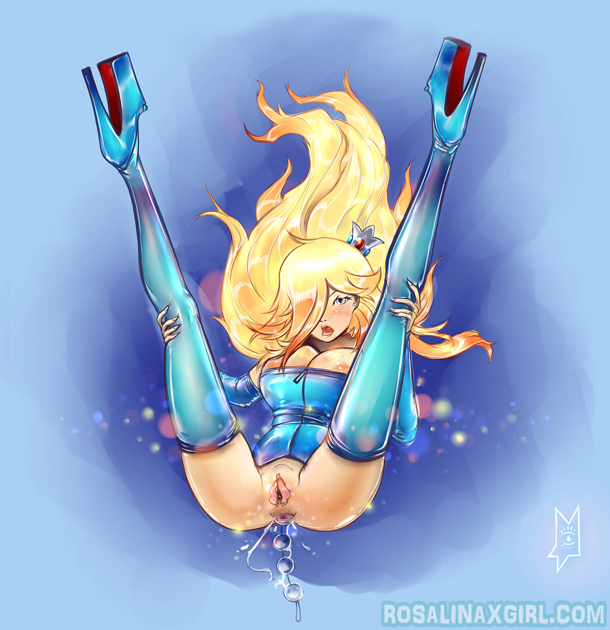 anal, anal beads, anal juice, anal object insertion, areolae, ass, blonde hair, boots, breasts, corset, elbow gloves, female, fingerless gloves, gloves, high heels, large breasts, latex, latex boots, latex gloves, long hair, looking at viewer, mario (series), mazzacho, nintendo, no bra, no panties, object insertion, open mouth, open toe shoes, platform footwear, platform heels, princess rosalina, pussy, shiny clothes, shoes, sitting, solo, spread legs, stiletto heels, super mario galaxy, teeth, thigh boots, uncensored