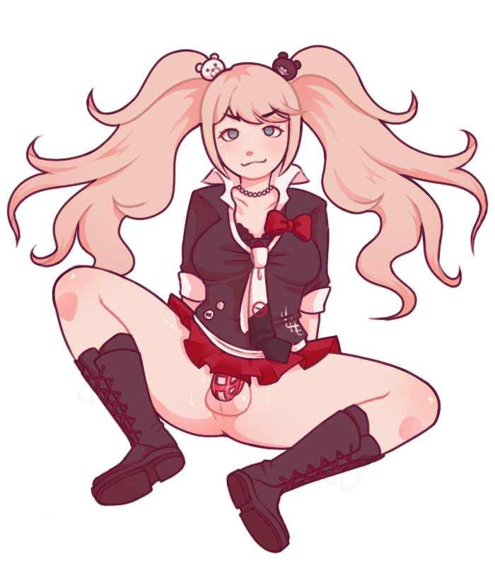 1futa balls blonde_hair bottomless breasts chastity_cage chastity_device clothed clothing danganronpa danganronpa_2:_goodbye_despair futa_only futanari futasub human junko_enoshima light-skinned_futanari light_skin long_hair mostly_clothed orgasm_denial penis queensashes sitting solo source_request spread_legs