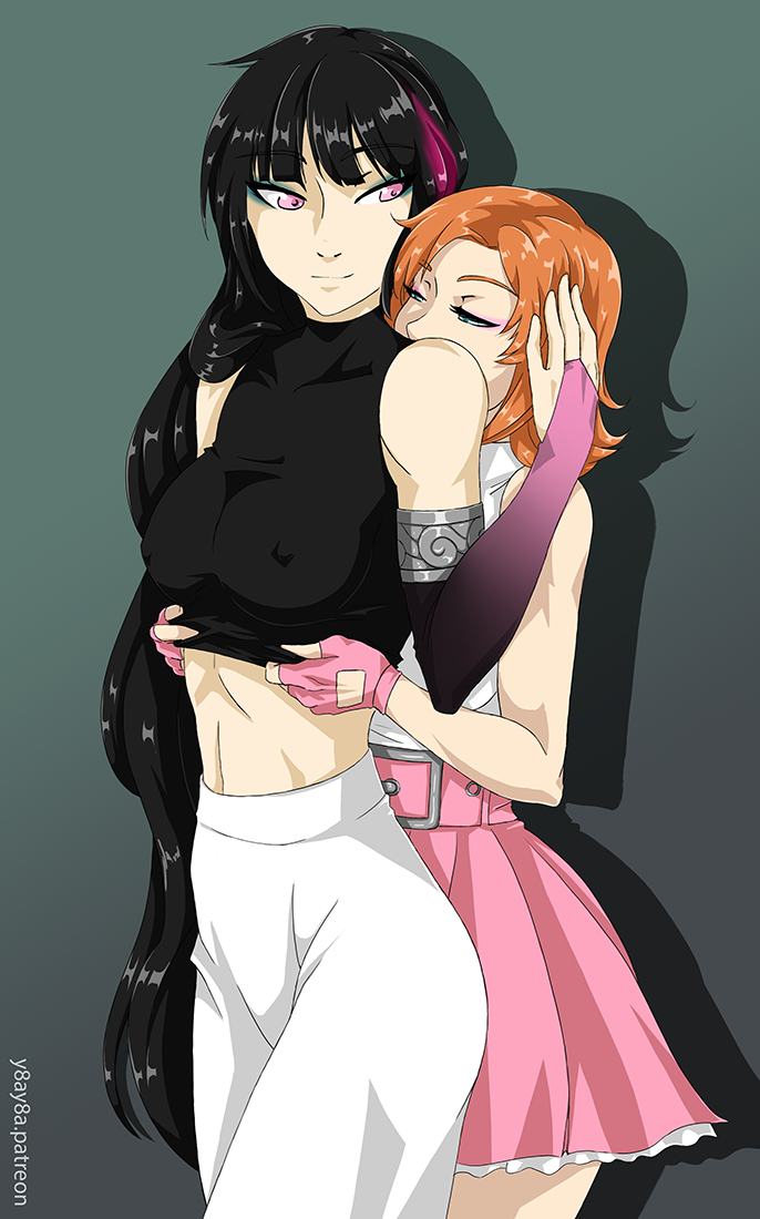 2girls black_hair breasts erect_nipples female female_lie_ren_(rwby) female_only genderswap_(mtf) human lie_ren long_hair multiple_girls nipples nora_valkyrie orange_hair purple_eyes rule_63 rwby yaya_(y8ay8a) yuri