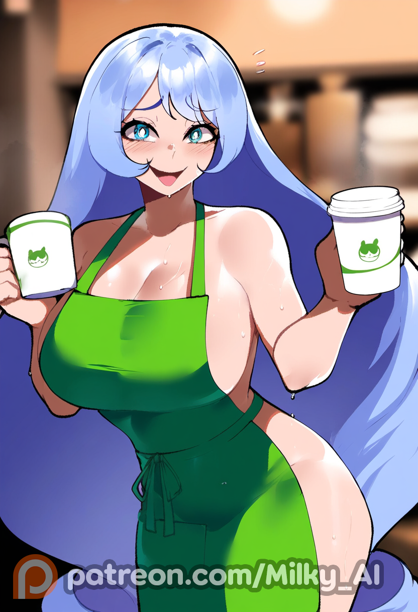 ai_generated apron big_breasts blue_eyes blue_hair boku_no_hero_academia coffee embarrassed embarrassed_nude_female hadou_nejire hi_res holding_object long_hair looking_at_viewer milky_ai my_hero_academia naked naked_apron naked_female nejire_hado portrait starbucks straight_hair thiccwithaq_(ai_style) thick_thighs wet