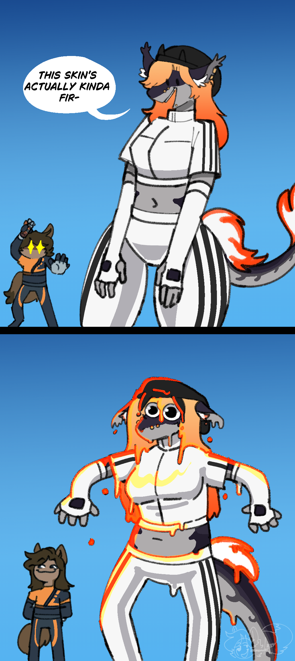 anthro beanie canid canine canis clothed clothing comic commander_(commanderthings) commanderthings dialogue dragon duo epic_games female fortnite hat headgear headwear hi_res imminent_transformation male male/female mammal mythological_creature mythological_scalie mythology nye piercing scalie wet wolf