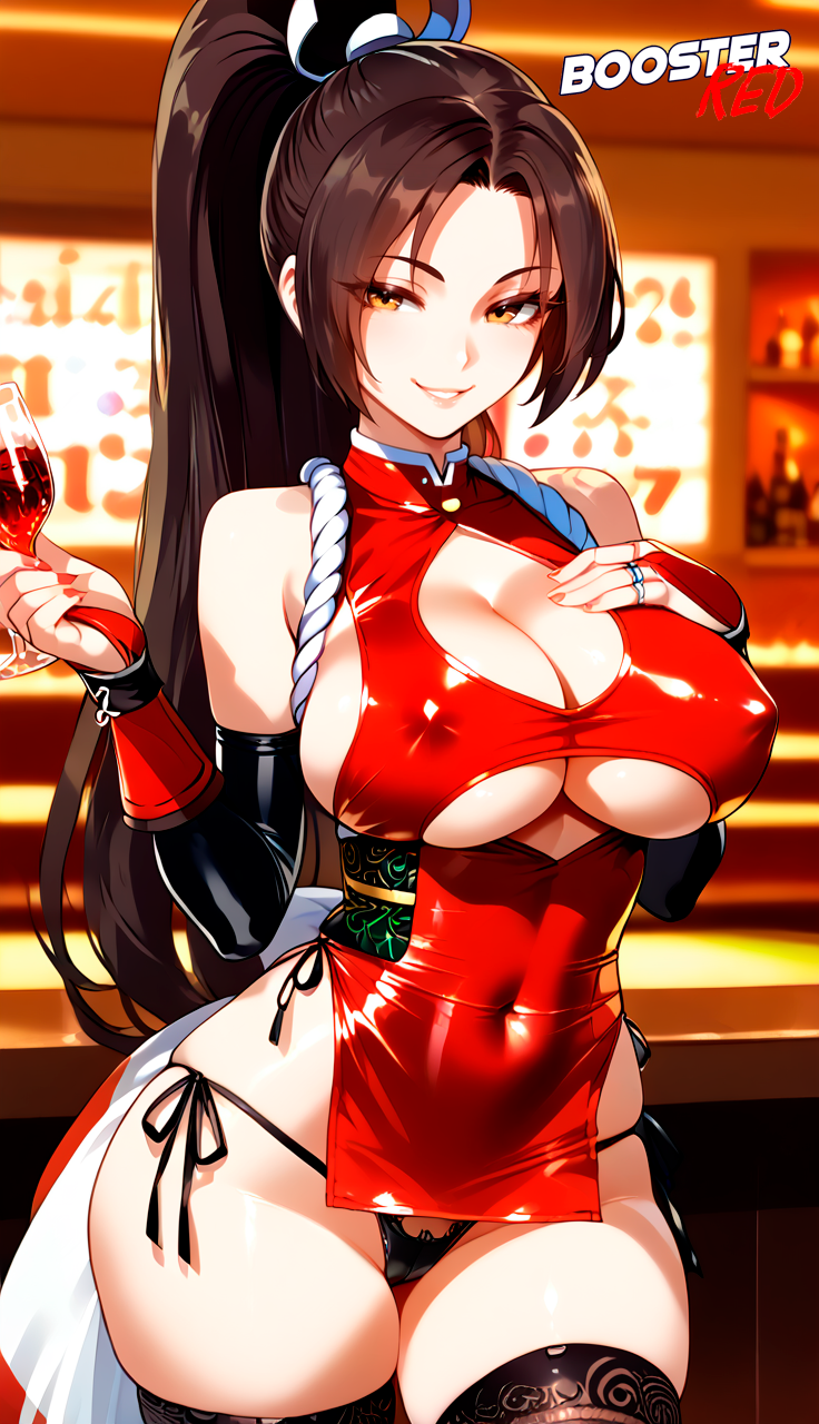 1girls adjusting_panties ai_generated bare_shoulder big_breasts bodycon boosterred99 bridal_gauntlets brown_eyes brown_hair busty cameltoe cleavage clothing_cutout covered_navel covered_nipples cutout dress female female_only king_of_fighters kof large_breasts latex_panties long_hair mai_shiranui parted_lips ponytail post-timeskip ring seductive seductive_smile sensual shiny_clothes side-tie_panties side_locks sideboob skirt smile solo stockings underboob voluptuous