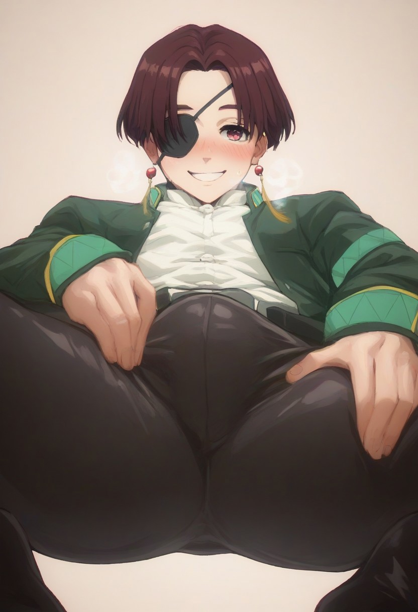 1boy 1femboy ai_generated ass ass_focus ass_to_viewer big_butt black_pants blush brown_hair bulge crouching earrings eyepatch femboy femboysub from_below fully_clothed gay green_jacket hands_on_own_thighs hands_on_thighs hayato_suo heavy_breathing jacket jacket_open japanese_clothes jewelry legs_apart legs_spread looking_at_viewer looking_down looking_down_at_viewer male male_focus male_only open_clothes open_jacket red_earrings red_eyes red_jewel short_hair skin_tight_pants smile solo spread_legs squatting suo_hayato tassel tassel_earrings teeth trap white_shirt wind_breaker windbreaker yaoi yellow_tassel