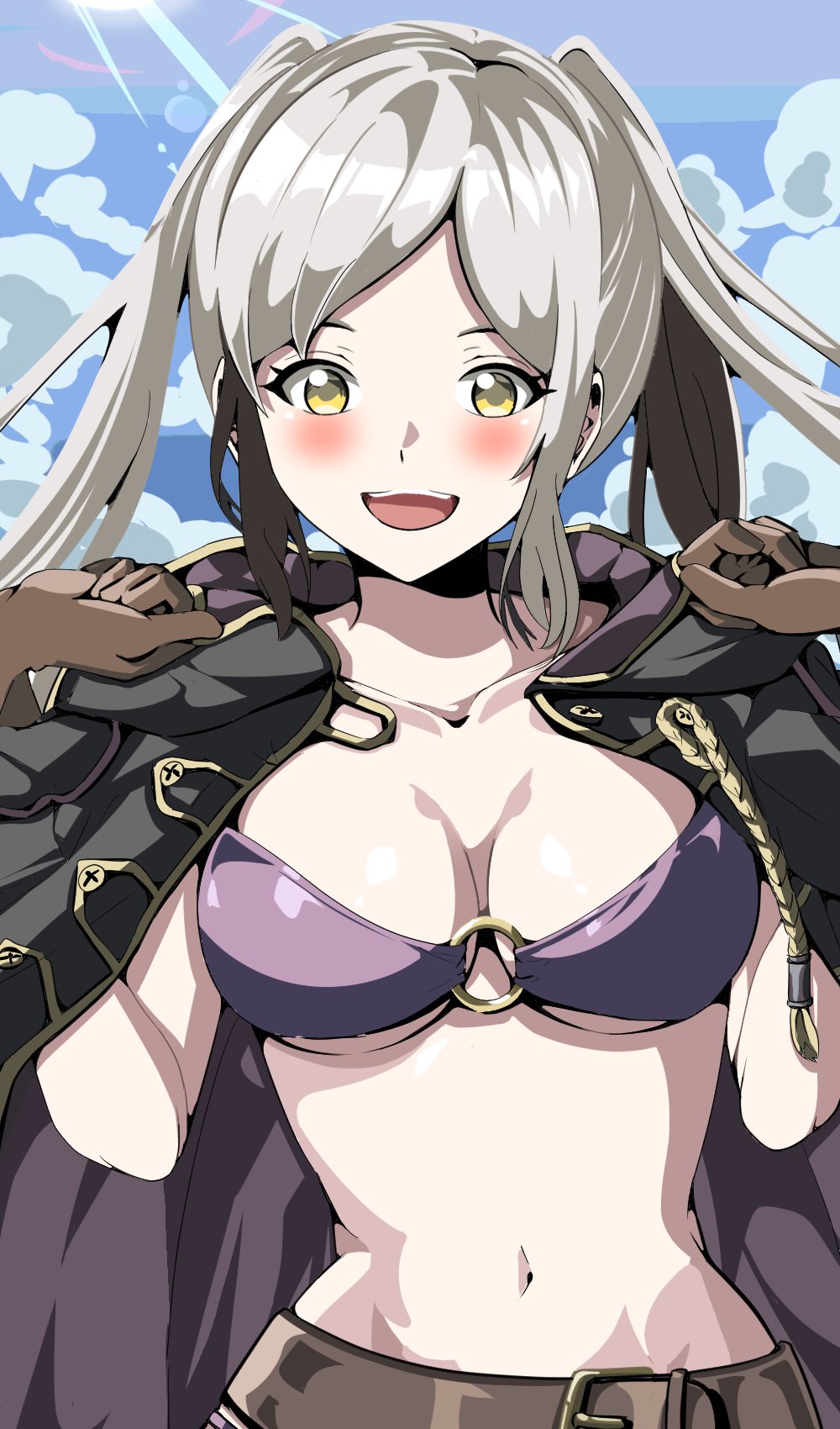 1girls alternate_costume bikini cleavage fire_emblem fire_emblem_awakening fire_emblem_heroes grey_hair happy large_breasts looking_at_viewer looking_back nintendo official_alternate_costume outdoors purple_bikini purple_swimsuit robin_(female)_(summer)_(fire_emblem) robin_(fire_emblem) robin_(fire_emblem)_(female) swimsuit taka_p_(zelda27th) underboob yellow_eyes